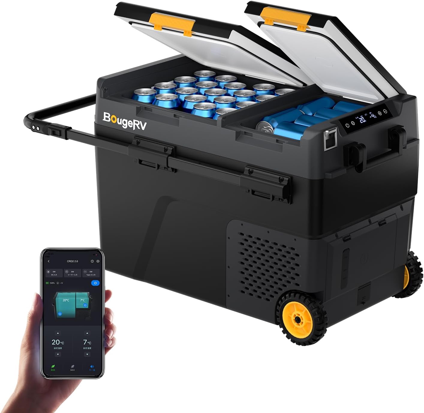 BougeRV CRD2 V2.0 Kompressor Kühlbox 49L mit Gefrierfach Doppeltür Dualzonen Kühlbox Auto mit Rollen & Griff 12V/24V 230V Camping Kühlschrank Elektrische mit APP Steuerung, IPX4, -20℃~20℃ (2026 Neu)