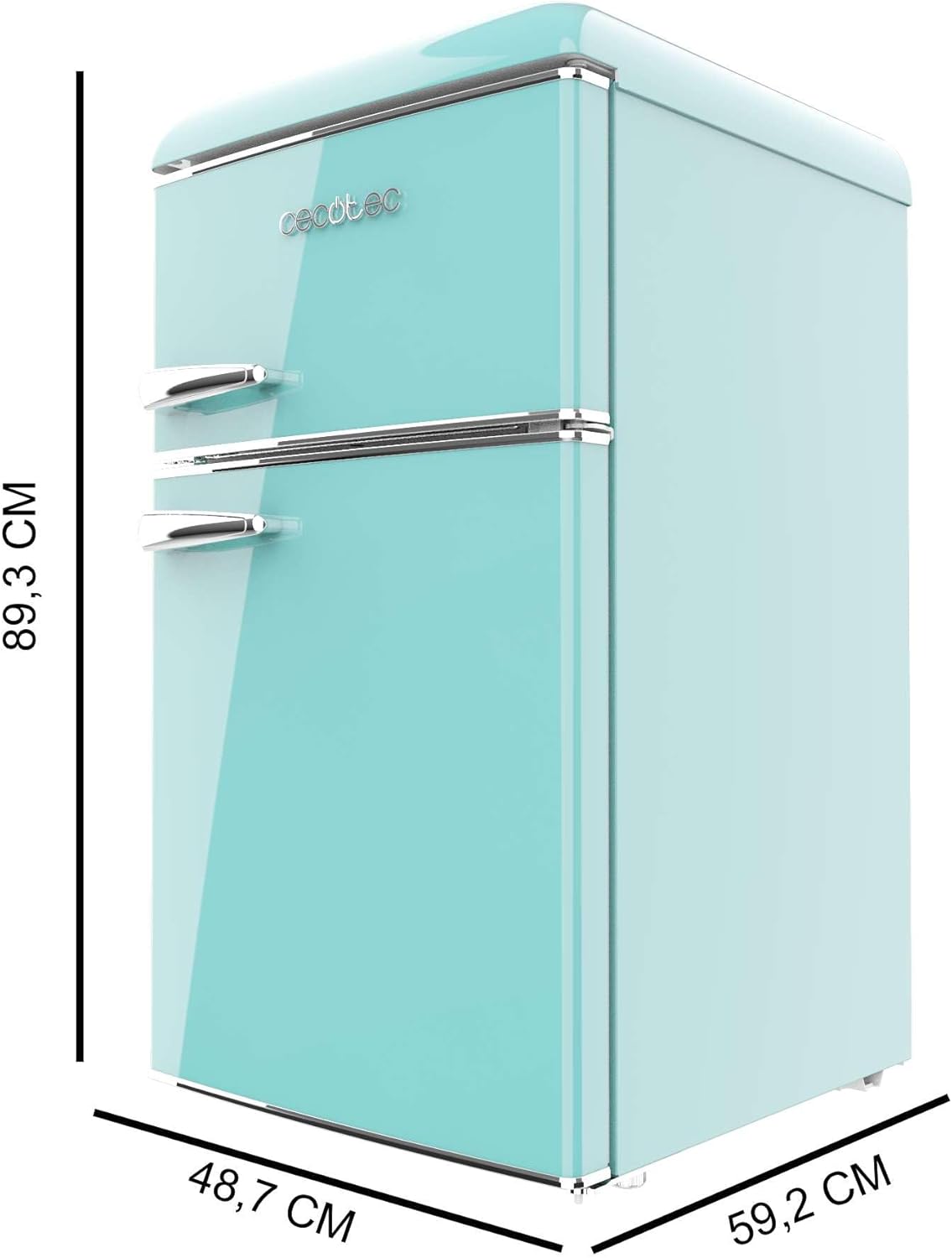 Cecotec Kleiner Kühlschrank - 2-türiger Kühlschrank - Retro 86L Bolero CoolMarket 2D Origin 86 Green E. 89,3 cm Höhe und 48,7 cm Breite, Energieklasse E, Eisfach, Innenbeleuchtung und Chromgriff, Grün