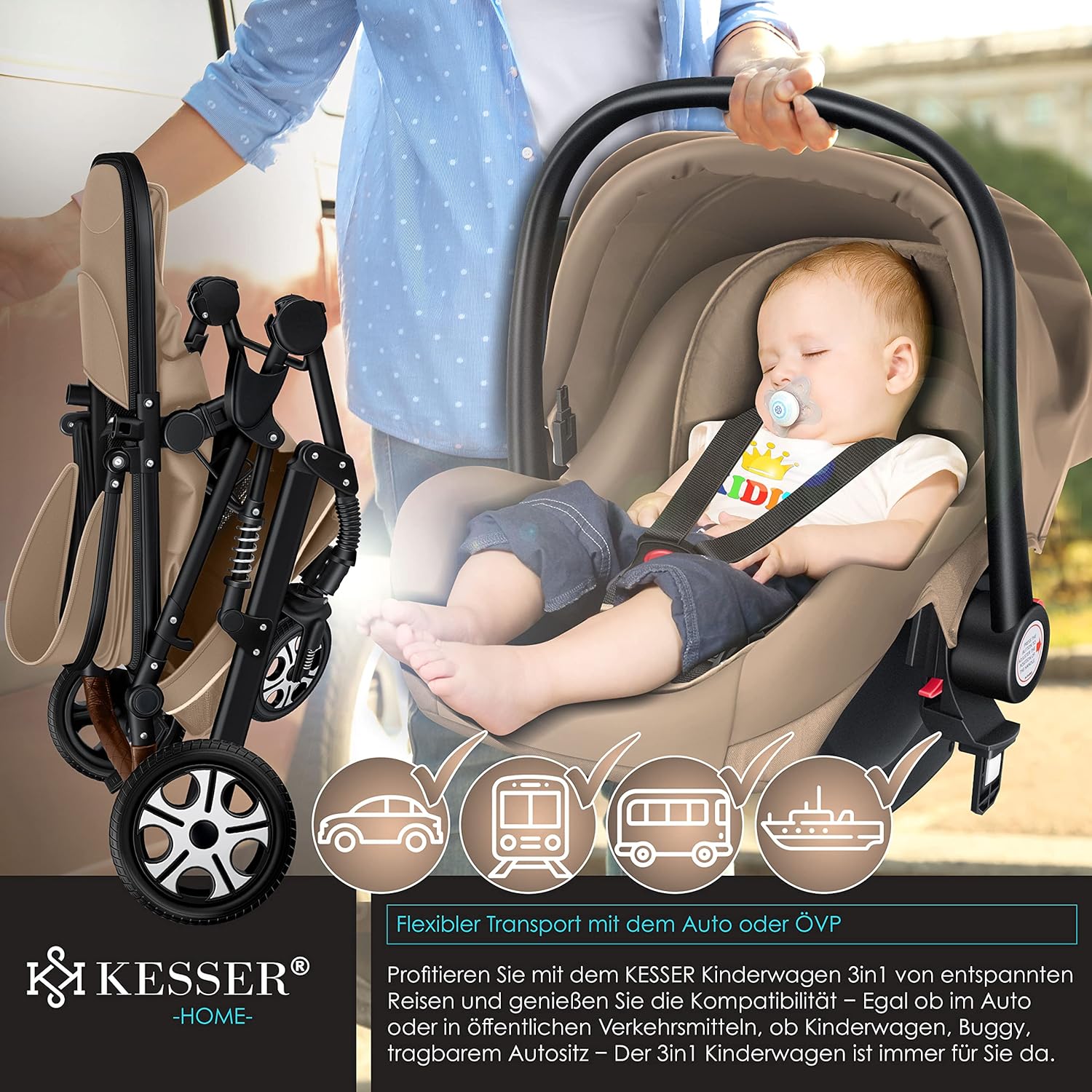 KESSER® Loops 3 in 1 Kinderwagen Kombikinderwagen Komplett-Set inkl. Babywanne & Buggy Sportsitz & Auto-Babyschale Voll-Gummireifen Wickeltasche Regenschutz Kindertisch ECE R129, Schwarz/Champagne