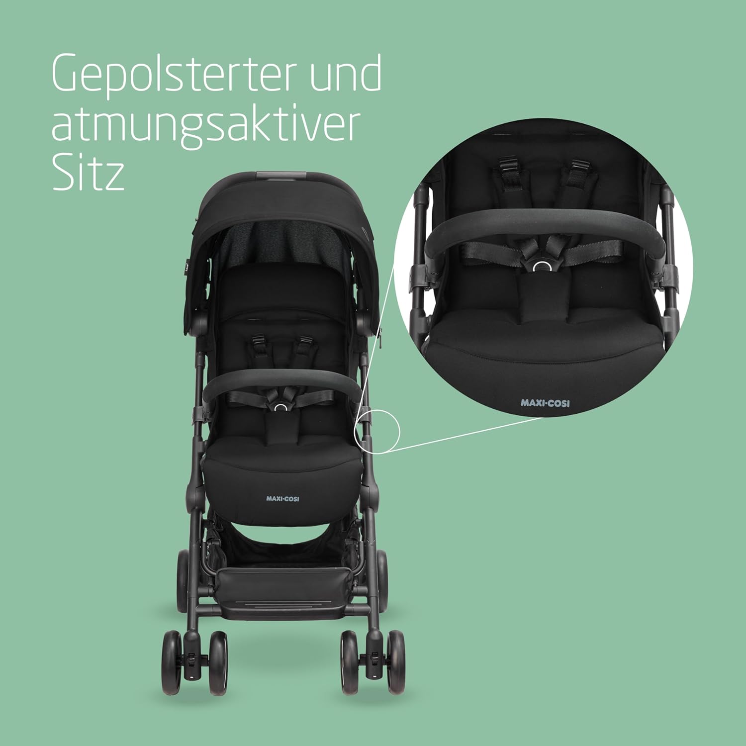 Maxi-Cosi Lara2 Baby Kinderwagen, 0–4 Jahre, 0–22 kg, federleichter, kompakter Buggy, 3 Liegepositionen, flache Liegeposition, klein zusammenklappbar, Schultergurt, Essential Graphite
