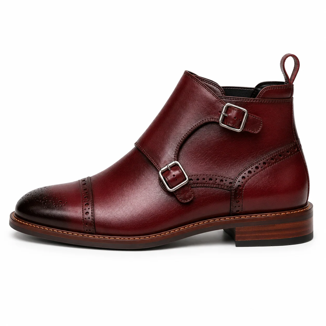 Men��s Burgundy Double Monk Strap Boots �C Brogue Cap Toe Design