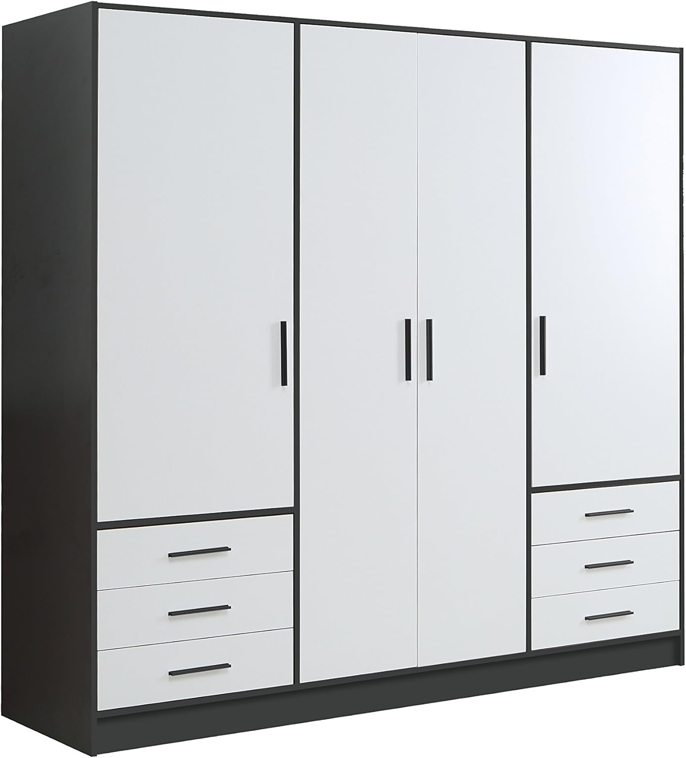 FORTE Jupiter Schrank 200 210, Kleiderschrank, Drehtürenschrank, 4-türig, mit 6 Schubladen und Einlegeböden, Schwarz Weiß, 206.5 cm breit x 60 cm tief x 200 cm hoch