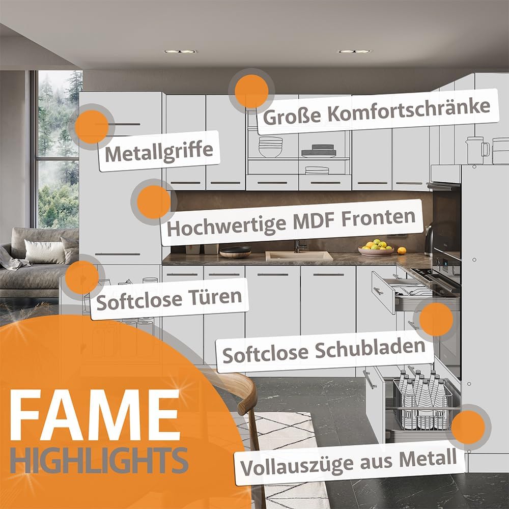 Vicco Küchenzeile Fame-Line, Grün-Gold Landhaus/Goldkraft Eiche, 300 cm mit Hochschrank, AP Eiche
