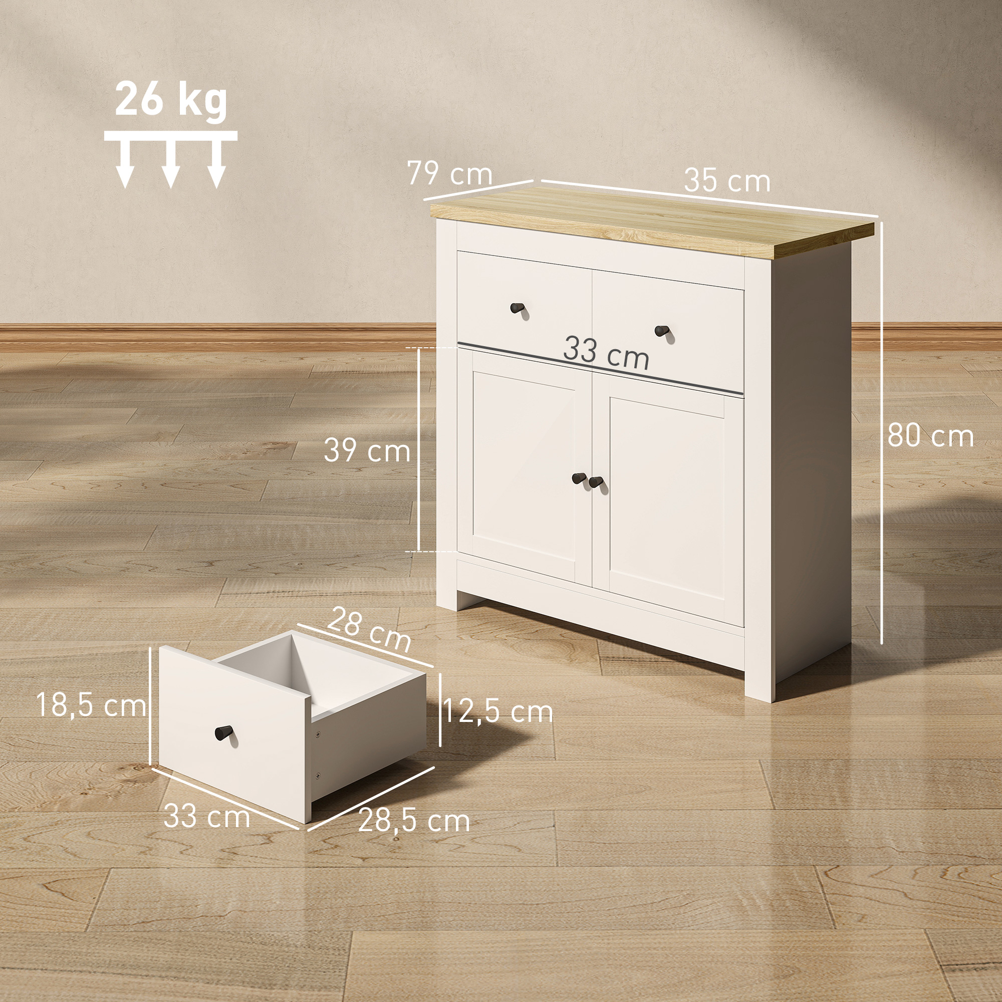 Ladekast met veel Opbergruimte, Sideboard met Soft-Close Deuren, 2 Laden, Verstelbare Plank, Wit