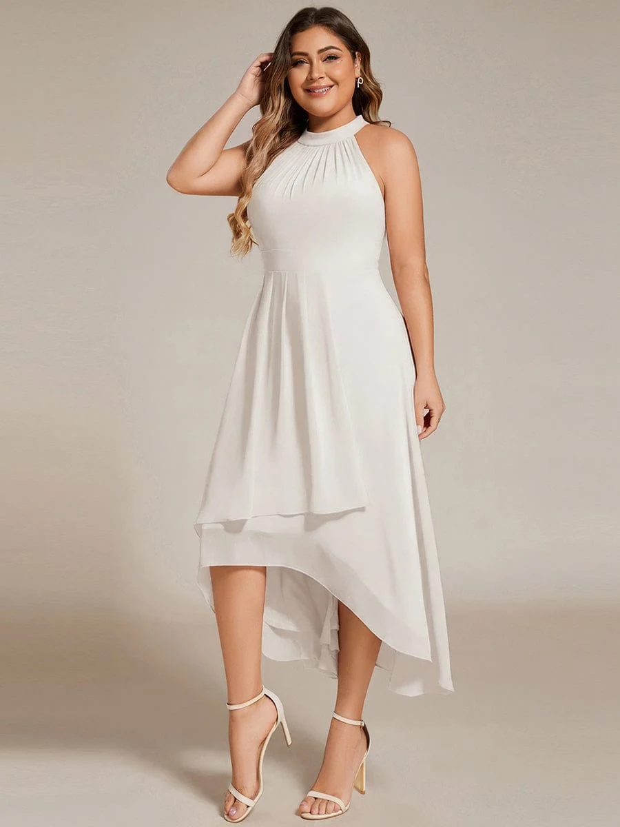 Damen Chiffon Midi-Kleid in A-Linie | Festliches Halterneck Kleid mit Plissee-Details | Sommerliches Kleid f��r Hochzeitsg?ste