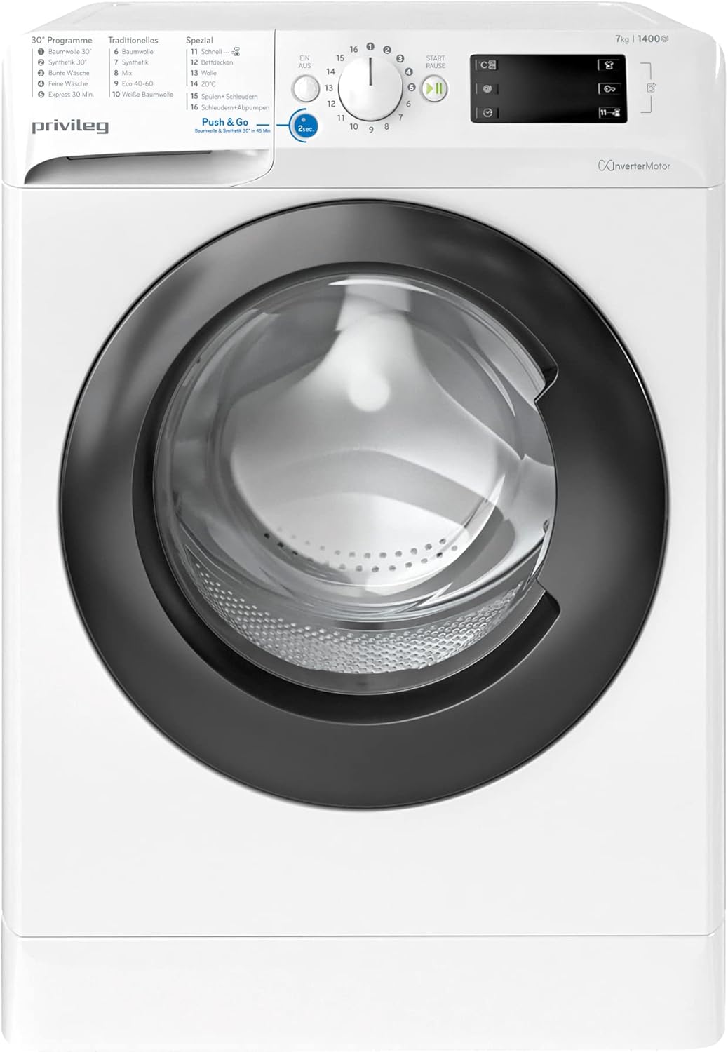 Privileg PWFV X 753 N Waschmaschine Frontlader/1400 U/min/7 kg/EEK B/Push & Go Steam/Schnell 20°/40°/60°, Express 30', Kurz 45'/Inverter-Motor/Mehrfachwasserschutz/Water Balance Plus
