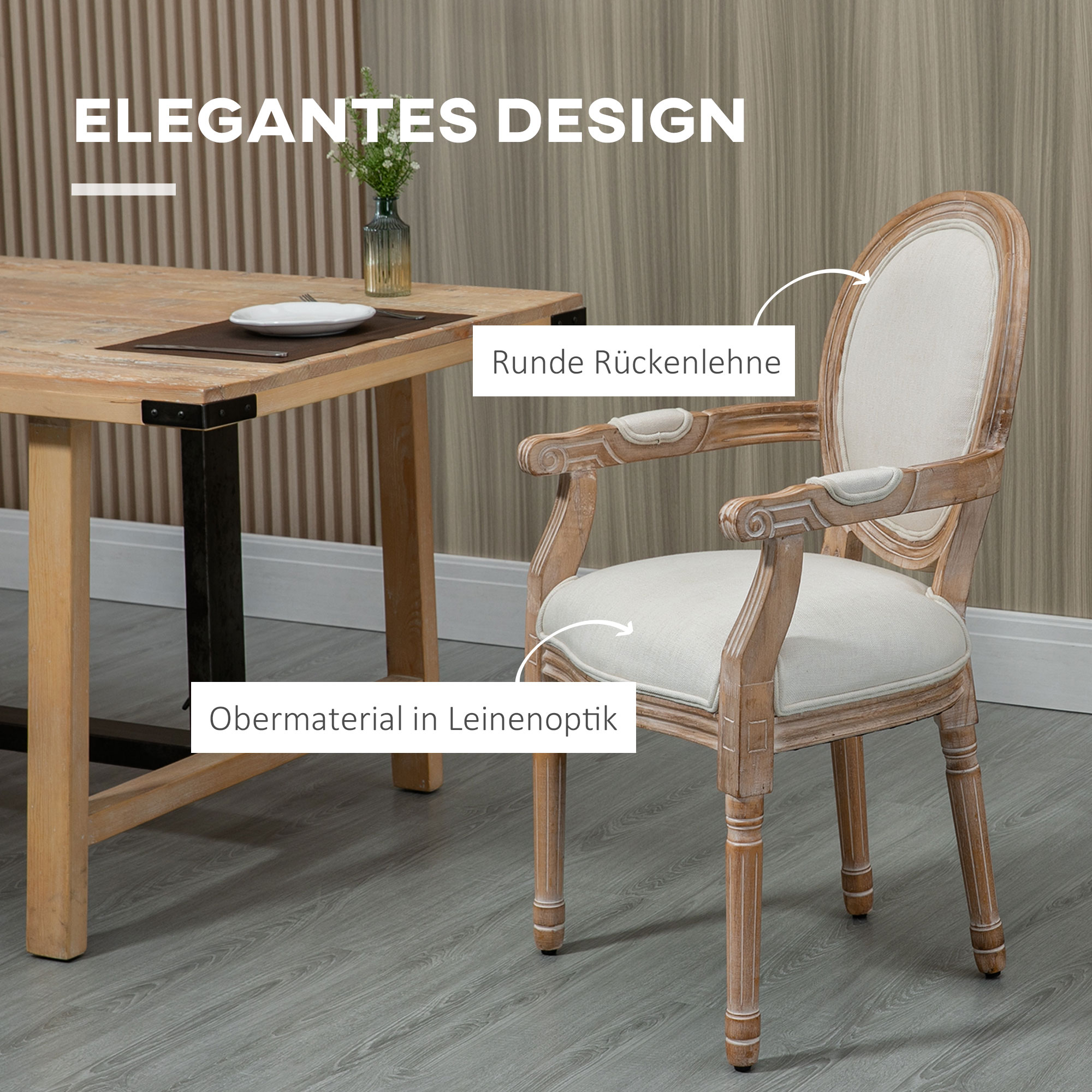 Keukenstoel in Antiek Design, Ademende Bekleding, Linnen Look, Massief Houten Frame, 56 x 54 x 96cm, Cr��mewit