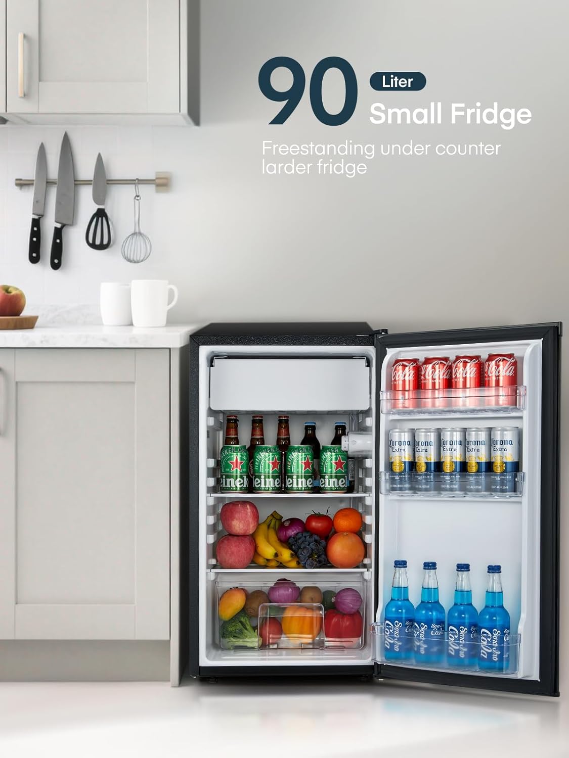 FOHERE 90L Kühlschrank mit Gefrierfach Klein & Gemüsefach | Ultra-Leiser Mini Kühlschrank für Schlafzimmer/Büro | 7-Stufen Thermostat, Energieeffizien | Schwarz