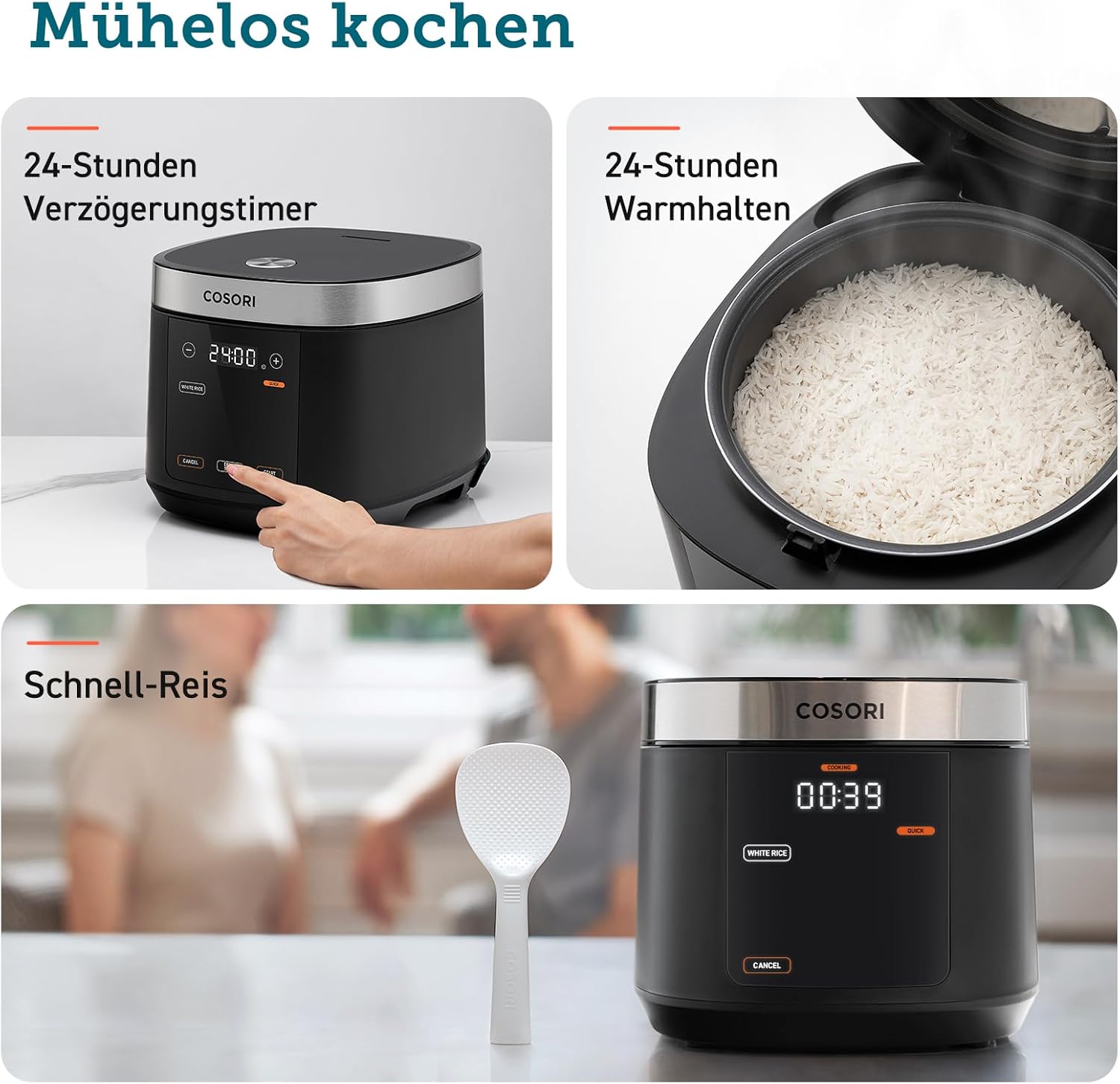 COSORI Reiskocher, Multikocher mit 17 Programme, Rice Cooker 1,8 L, Fuzzy-Logik, Dampfgarer mit Edestahleinsatz, Rezeptbuch, Slow Cooker, Premium Innentopf, Warmhaltefunktion, Timer, Schwarz