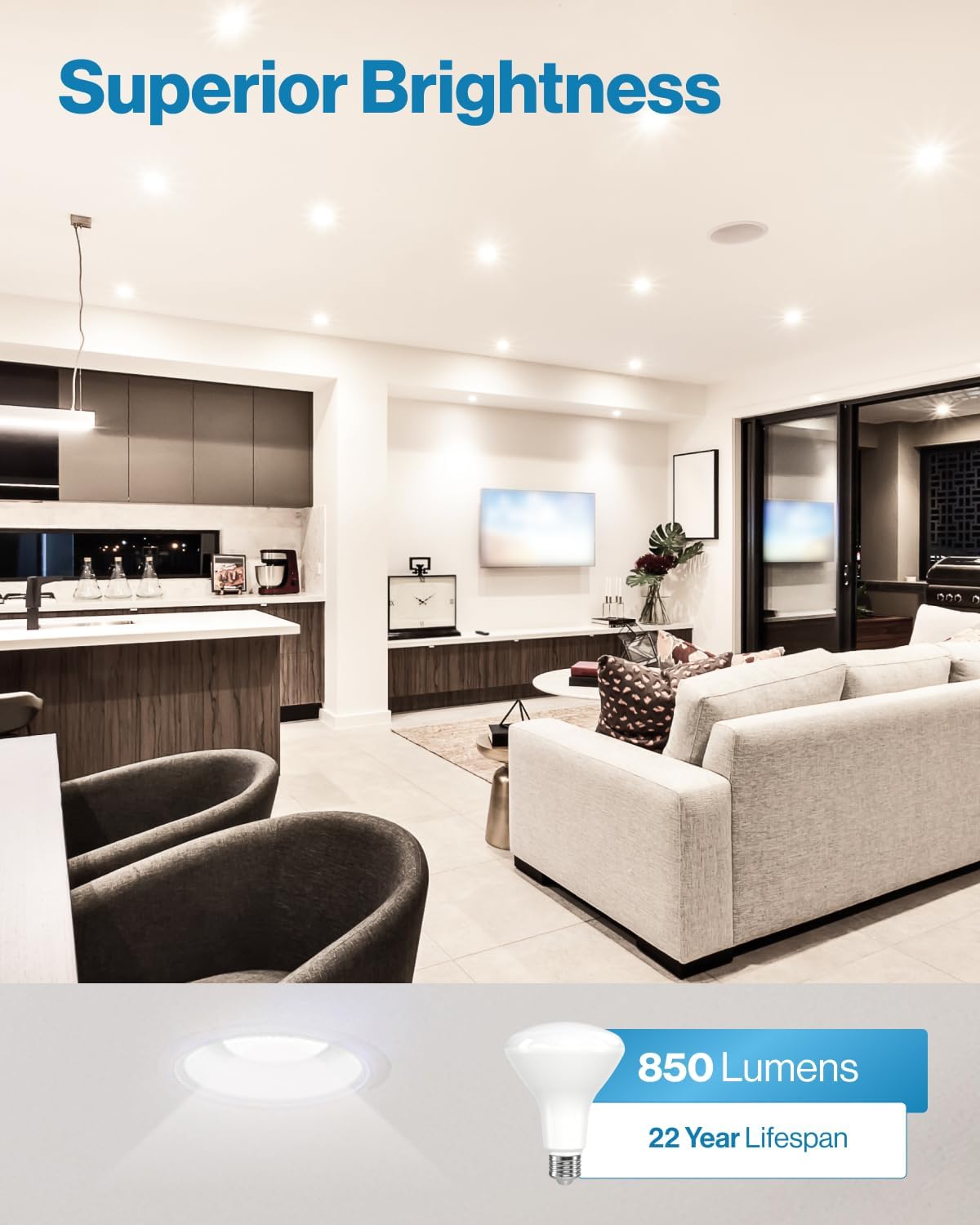 Sunco BR30 LED-Leuchtmittel für den Innenbereich, entspricht 11 W, 65 W, 2700 K, weiches Weiß, 850 lm, E26-Sockel, 25.000 Stunden Lebensdauer, dimmbare Inneneinbau-Glühbirnen – UL & Energy Star, 48