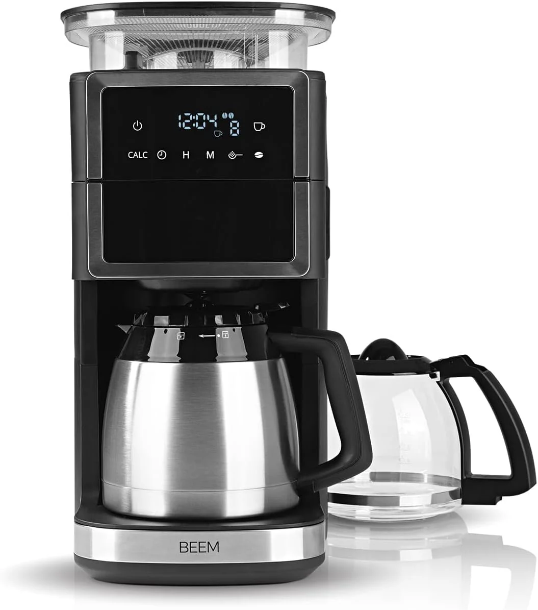 BEEM FRESH-AROMA-PERFECT III Filterkoffiezetapparaat met maalwerk - Duo | Met thermos- & glazen kan | Aroma-Plus-functie | 24-uurs timer | 1000 W | voor maximaal 10 kopjes [roestvrij staal]
