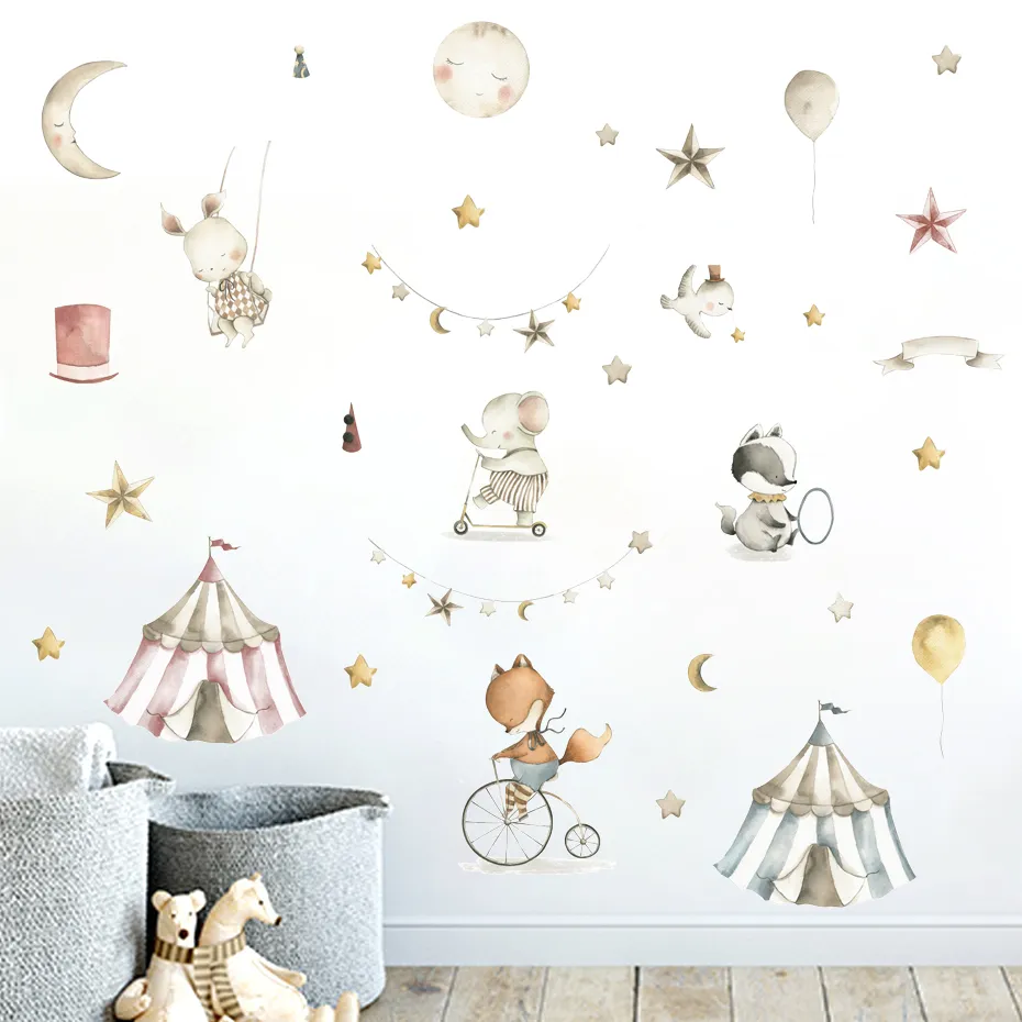 Watercolor Circus Animals Wall Decals for Baby Nursery