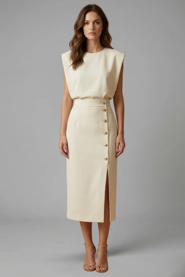 Damen Midikleid mit Rundhalsausschnitt und seitlichem Schlitz | ?rmelloses Kleid mit Knopfleiste und tailliertem Schnitt