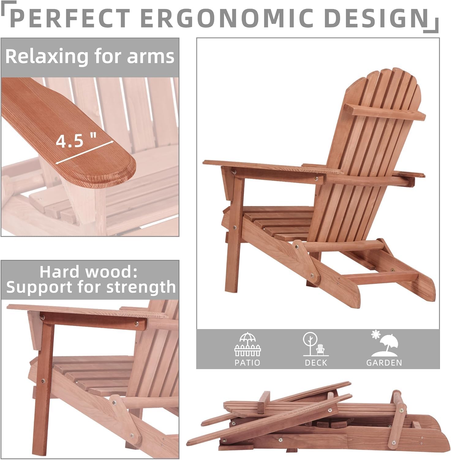SoliWood Adirondack Stuhl 2er-Set, Gartenstuhl Holz Klappbar & Gartensessel Wetterfest, Outdoor Stuhl mit Rückenlehne und Armlehnen für Veranda, Garten & Pool