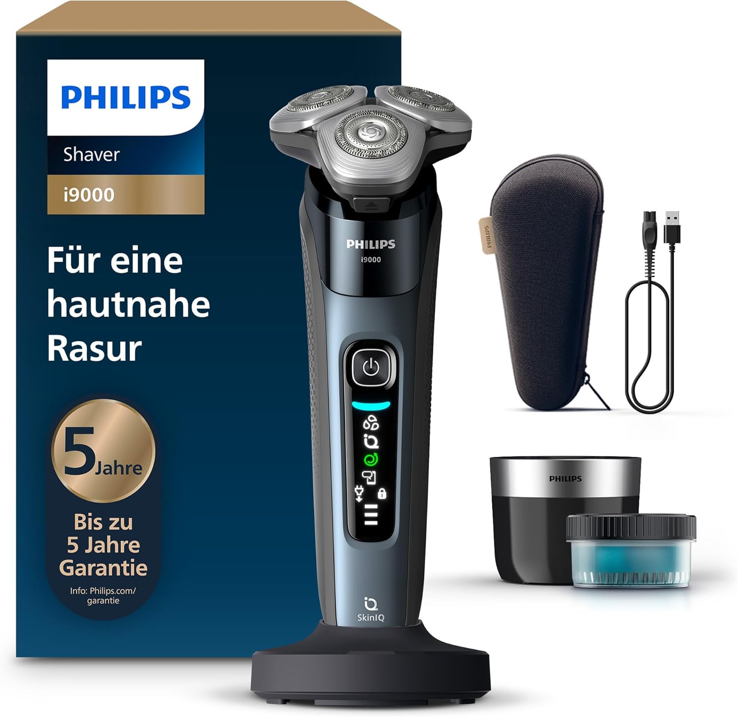 Philips Rasierer i9000, Elektrischer Nass-und Trockenrasierer für Herren mit integriertem Trimmer, taubenblau, Reinigungsstaion, Ladestation und Reiseetui (Modell X9001/30)