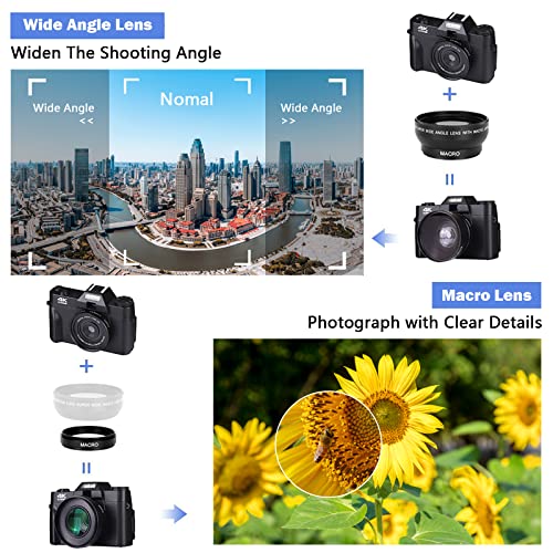 CCN Fotocamera Digitale 4K 48MP, Fotocamera con schermo 3.0" ribaltabile a 180°, fotocamera compatta con zoom digitale 16X, obiettivo grandangolare e obiettivo macro, scheda TF da 64GB, WiFi, nero : Elettronica