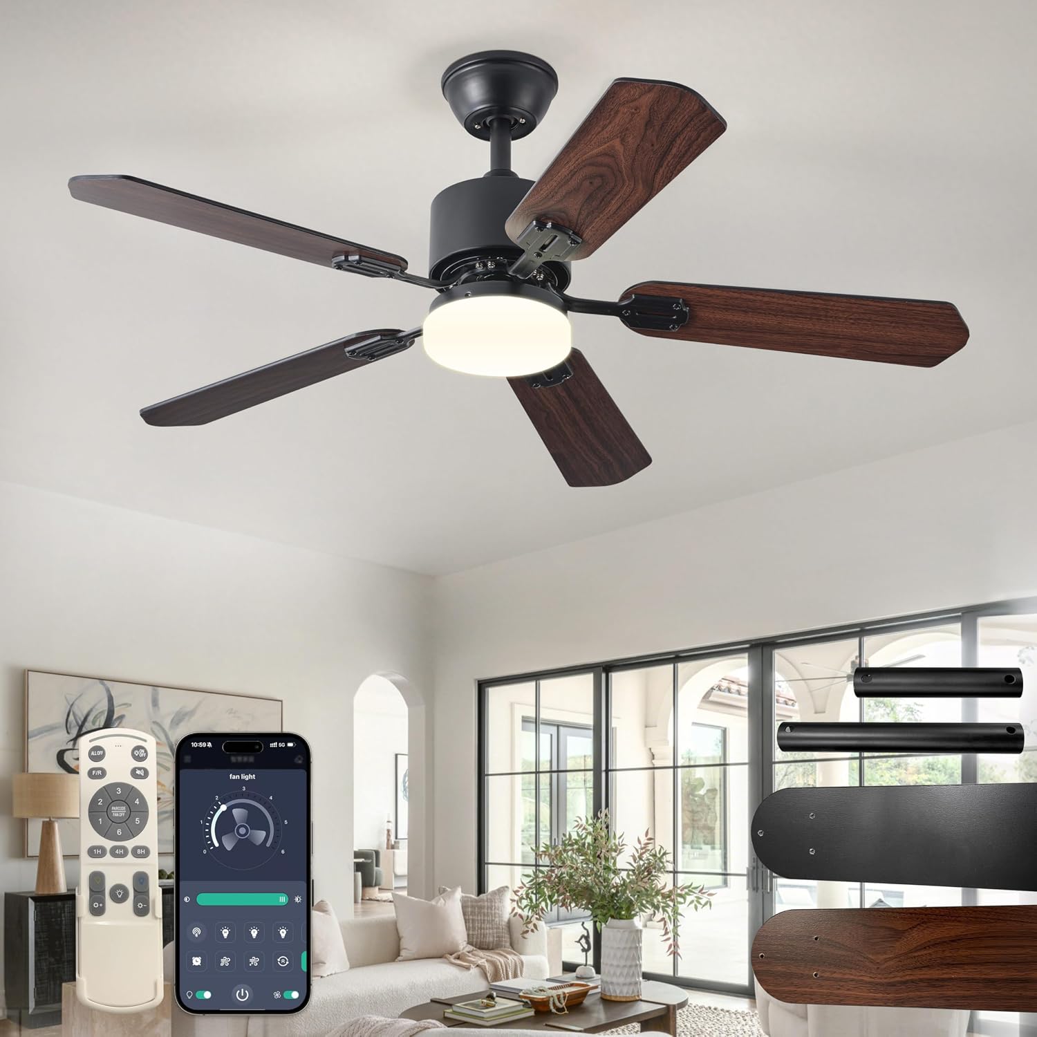 Deckenventilator mit Beleuchtung 132 cm, Leise DC-Motor, 5 Holzflügel, LED Lampe mit Ventilator und Fernbedienung, 3 Farbtemperaturen, 6 Stufen, Sommer/Winterbetrieb für Wohnzimmer, Schwarz