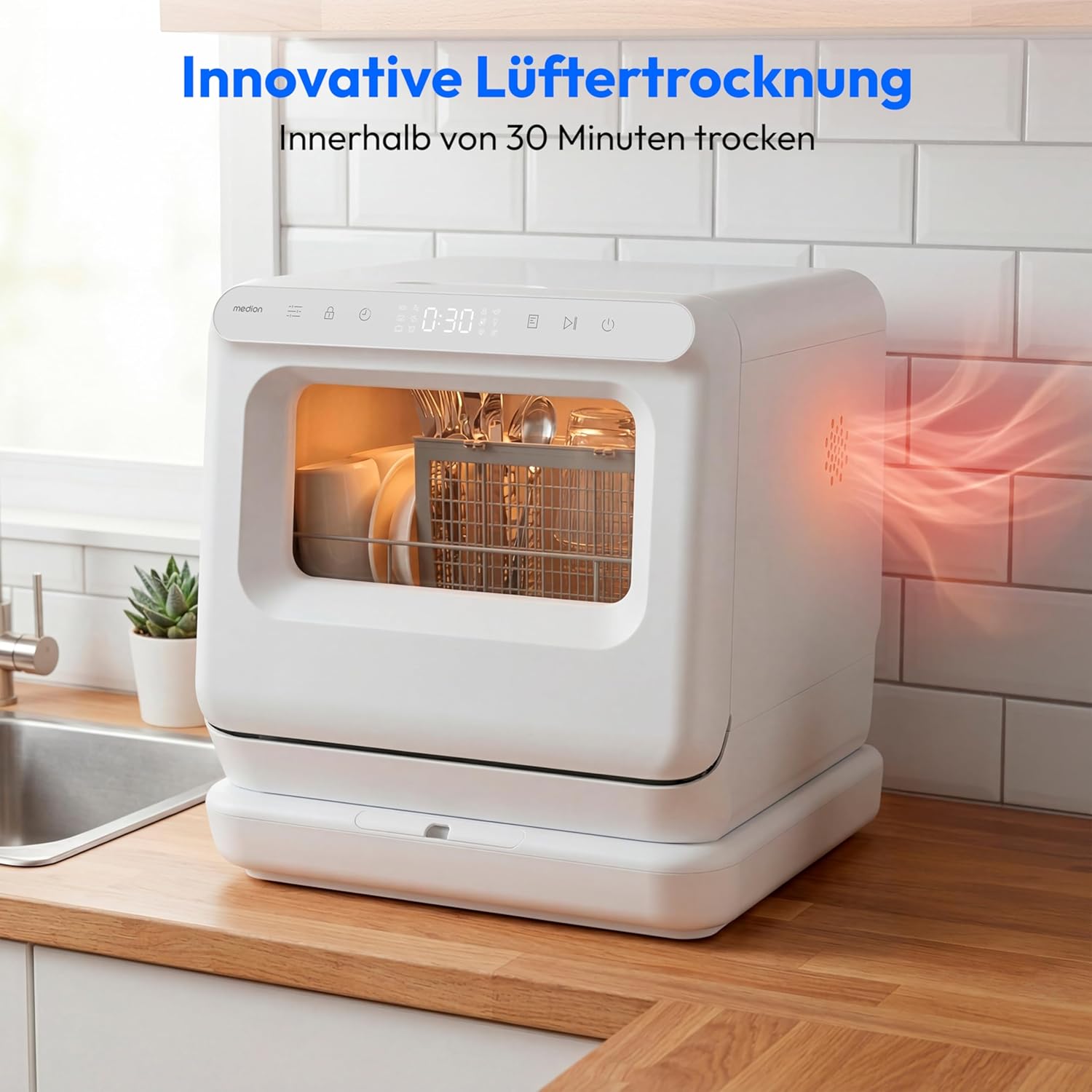 MEDION Mini Geschirrspüler DWT30, 3 Maßgedecke, Tischgeschirrspüler, funktioniert mit/ohne Wasseranschluss, 6 Programme, UV-Licht, Lüfter-Trocknung, Touch-Display, freistehend, MD370022