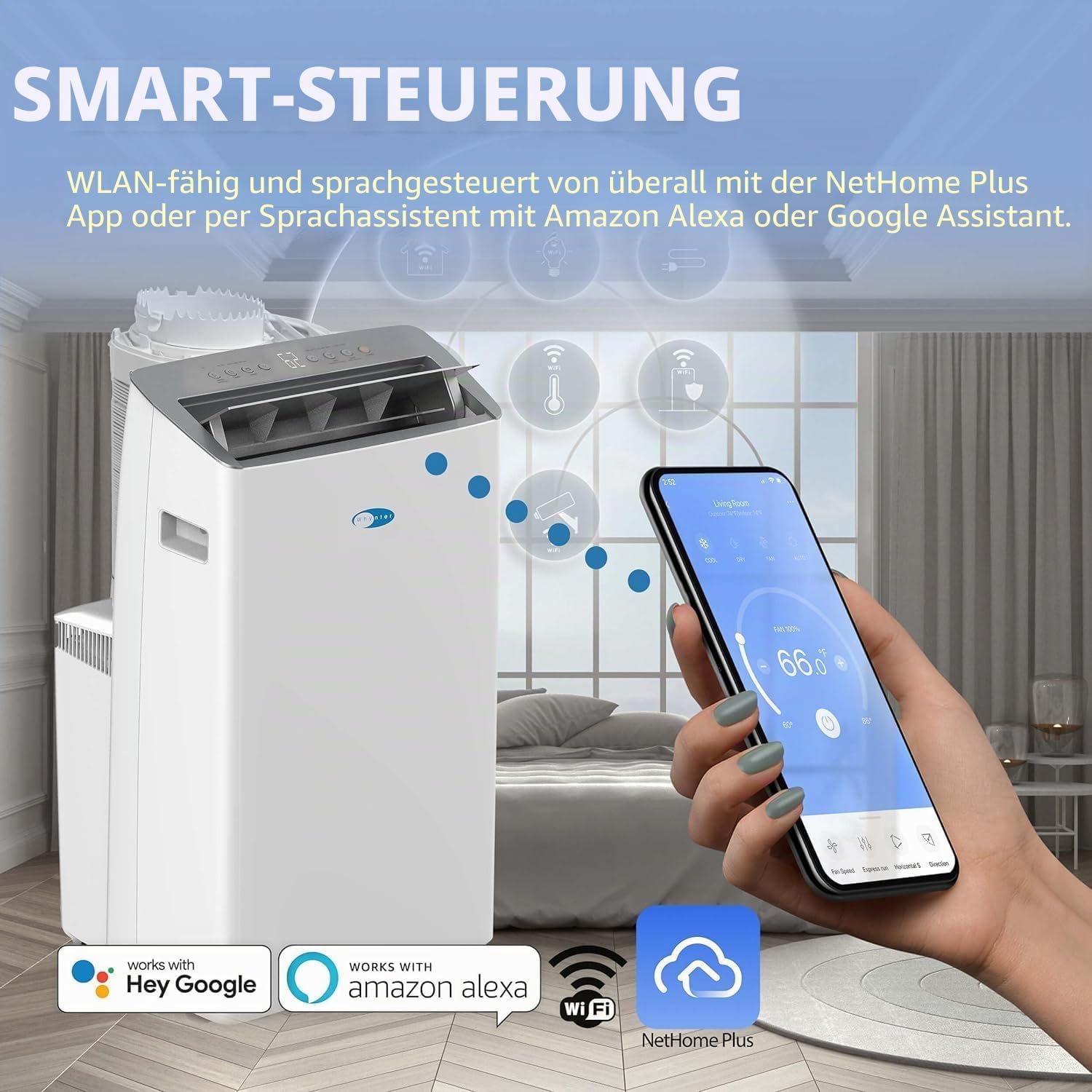 Whynter ARC-1230WN 14.000 BTU (12.000 BTU SACC) NEX Inverter Dual Schlauch Cooling Mobile Klimaanlage, Luftentfeuchter und Ventilator mit intelligentem WLAN, bis zu 600 Quadratfuß in Weiß