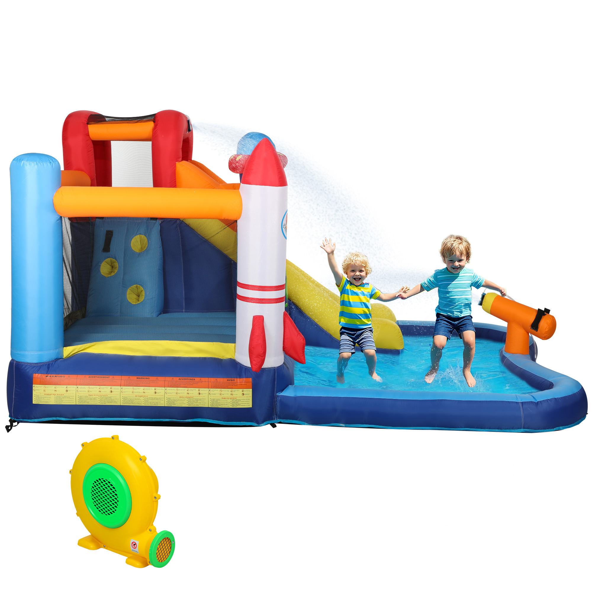 AIYAPLAY 5-in-1 Springkasteel, met Waterglijbaan, Plonsbad, Waterspuit, Snel Opblaasbaar, 360 x 250 x 195 cm, Kleurrijk
