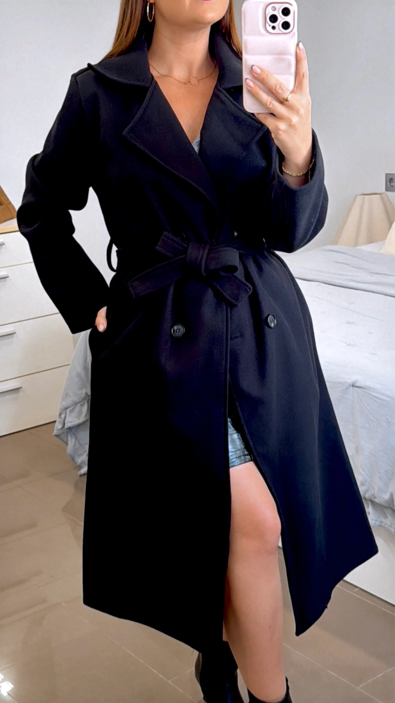 ABRIGO PAÑO FONDAR TOTAMONA. Gabardina con Cuello de Pico con Solapas, Sin Forro, Elástico, Corte Recto, Ropa De Mujer, para Cualquier Ocasión, Formal o Casual, Especial Para Otoño e Invierno.