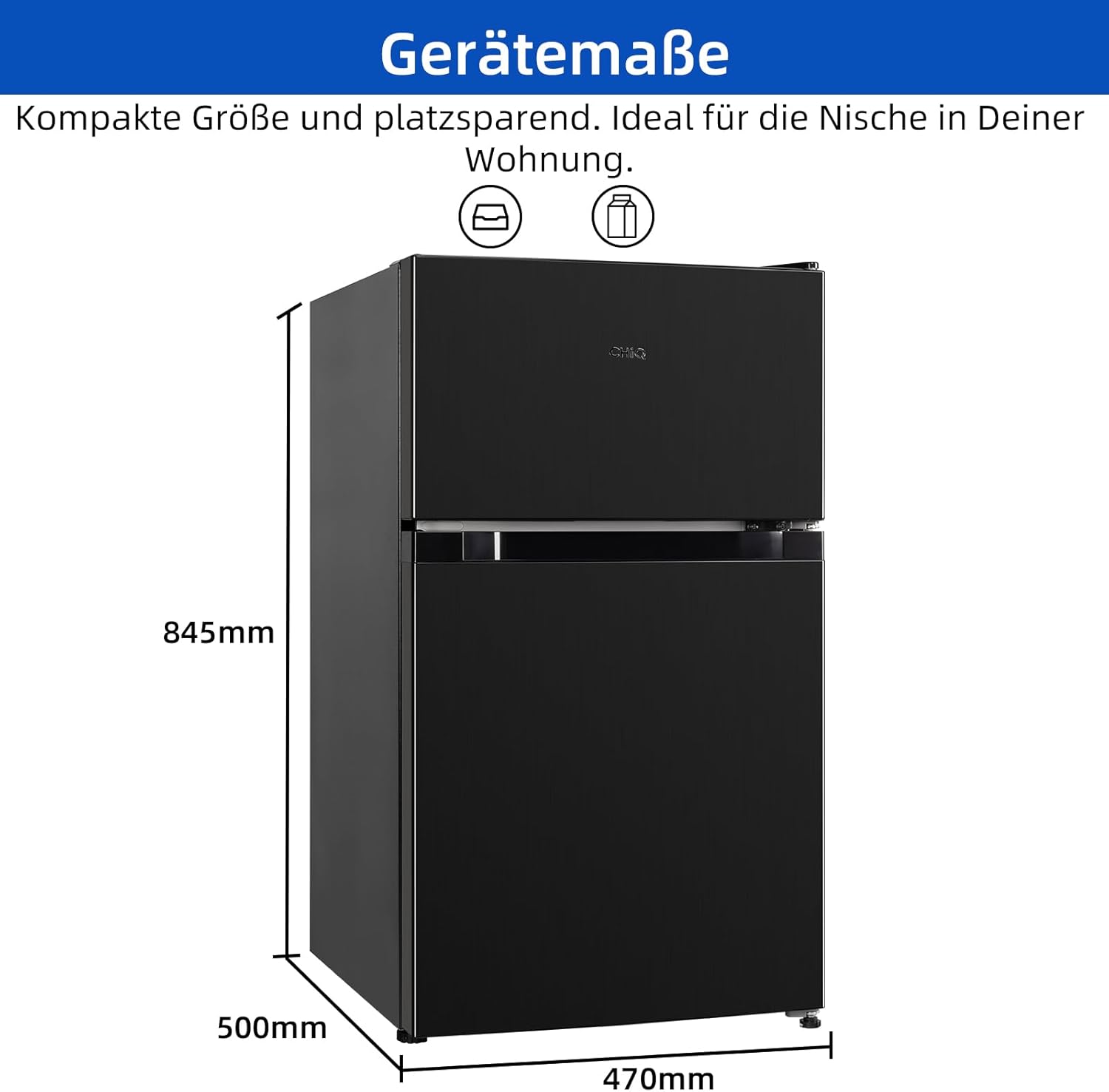 CHIQ Kühl-/Gefrierkombination/Gefrierfach oben Kühlschrank｜86 Liter (25L/61L), 85cm | 4 Sterne Gefrierfach, -18 °C bis -8 °C｜mit LED, für Wohnheime, Wohnungen und Hotels, Kühlschrank mit Gefrierfach