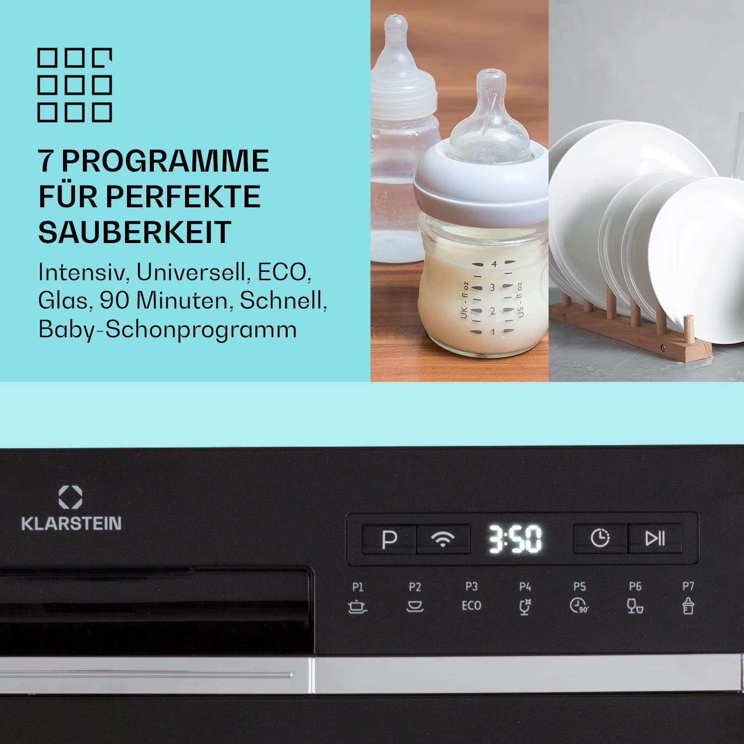 Klarstein  ia 8 - Spülmaschine, Geschirrspüler, Freistehend, Teilintegriert, F, 55 cm breit, 8 Maßgedecke, 6 Programme, Aquastop, silber