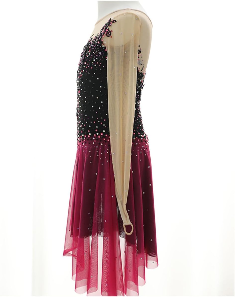 Damen Eiskunstlauf Kleid Glitzer Langarm Kürkleid mit Strass Rollkunstlauf Wettbewerb Tanzanzug Stretch Ballerina Kleid Für Damen Rollschuhkleid Eislaufkleid Glitzer