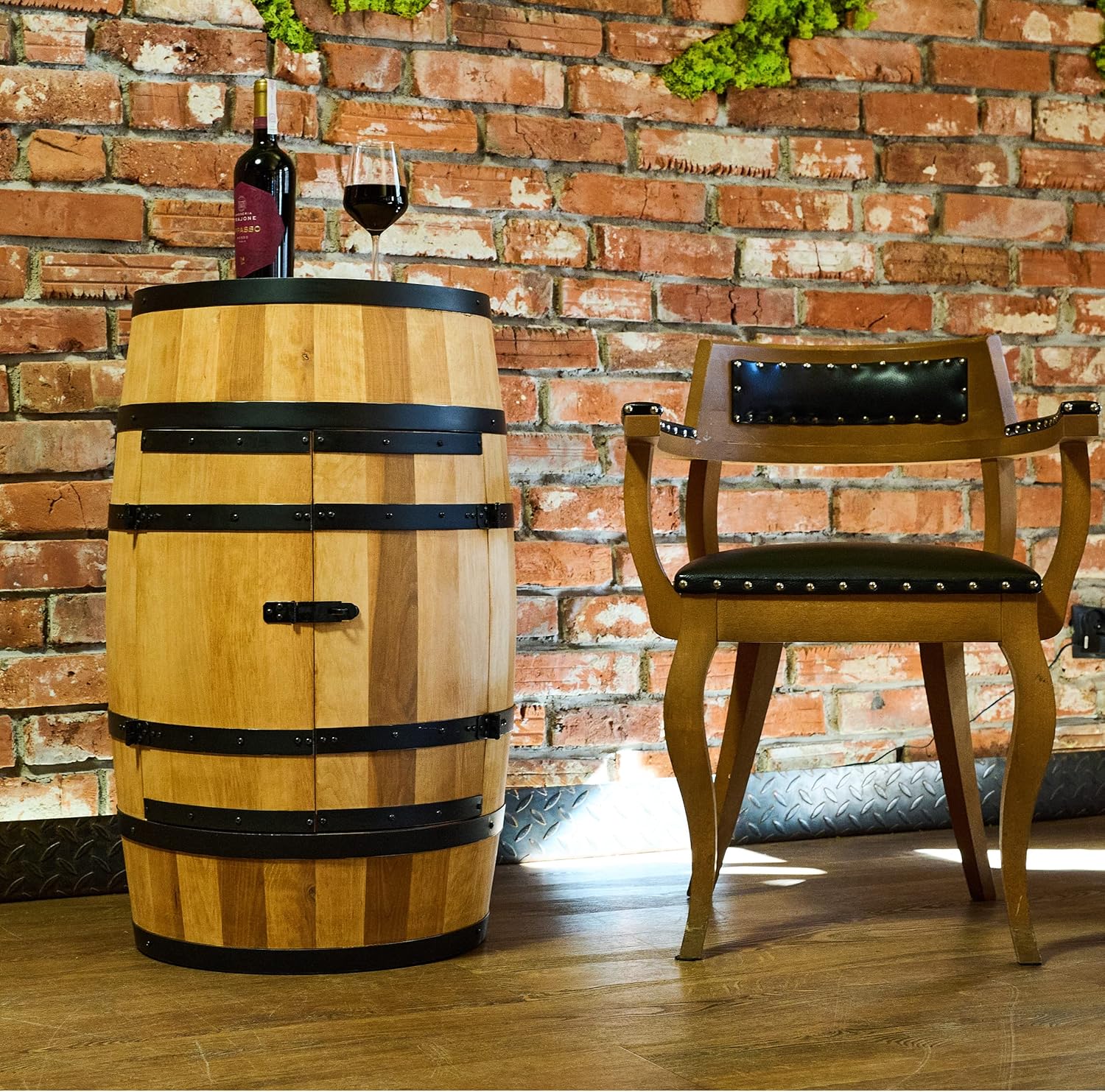 CREATIVE COOPER Weinfass Stehtisch mit Tür - Alkoholschrank Flaschenregal Holz Regale - Holzfass - Fassmöbel - Wine Rack - Wineregal - Weinbar - Fass bar mit Tür - Fassbar minibar 80Cm High (Eiche)