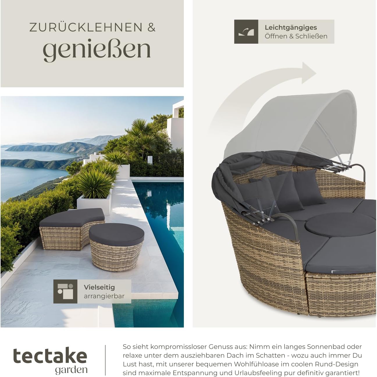 tectake® Lounge Muschel Sonneninsel Outdoor wetterfest, Gartenmuschel, Sonnenliege 2 Personen und mehr, multifunktionales Terrasse oder Balkon Möbel, Gartenliege wetterfest - Natur