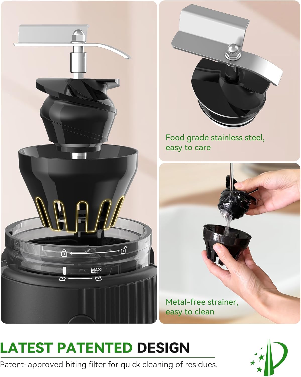 ACOQOOS Entsafter, Entsafter Gemüse und Obst with 110MM Einfüllffnung, Leicht zu Reinigen Slow Juicer Machine with 2 Cups Schwarz