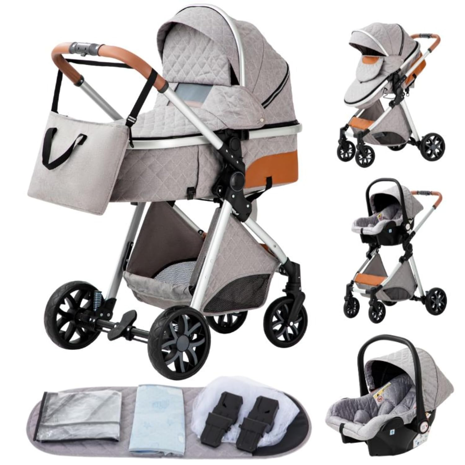 YAZOCO kinderwagen 3 in 1, Zusammenklappbar kinderwagen mit Wickeltasche,Komplettset Becherhalter,Moskitonetz, Fußabdeckung,Sitzzubehör (4 Rosa)