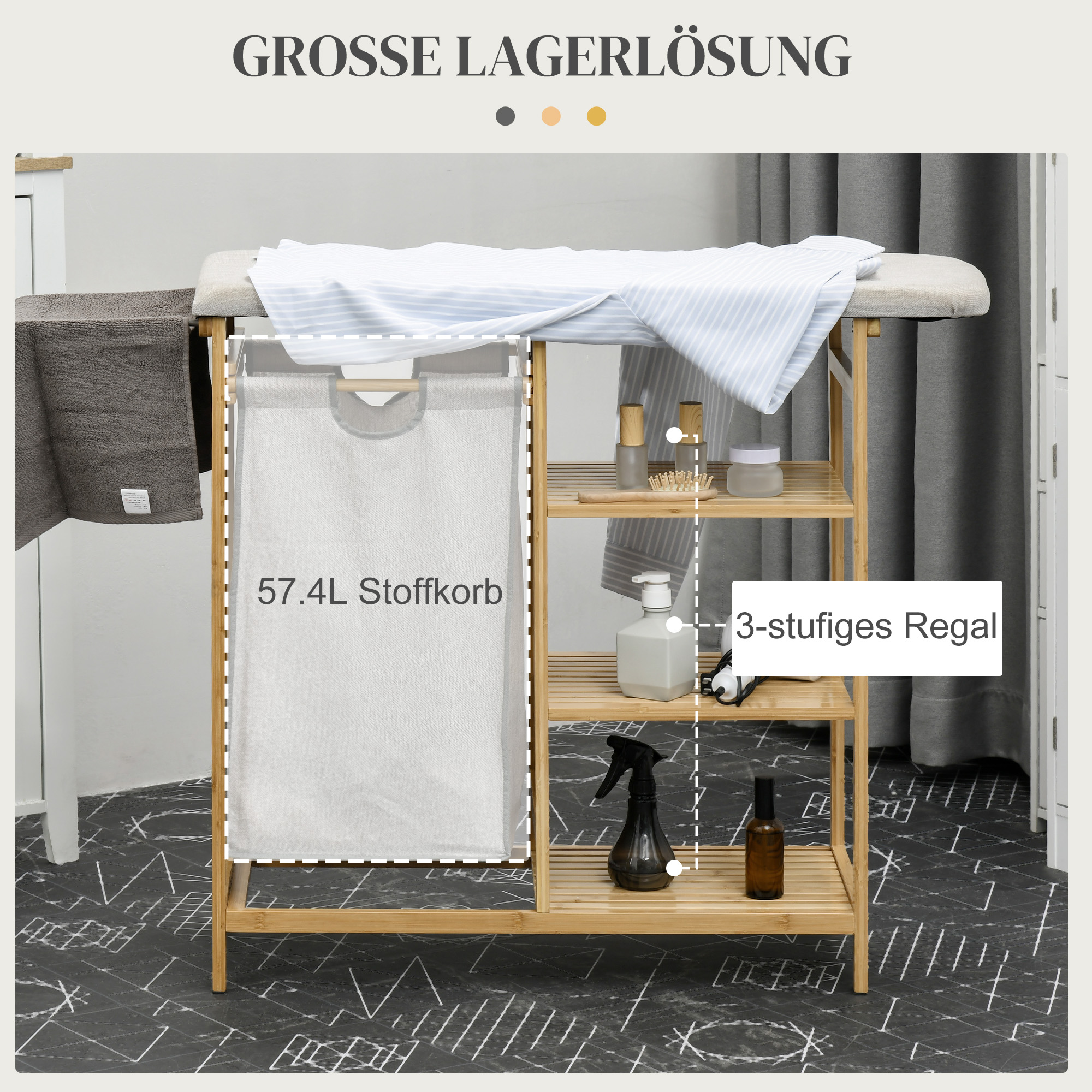 Wasmand, multifunctioneel, Stijkplank & Stoffen Zak 57L, Bamboe Frame, 113x34x82cm, Natuur/Grijs