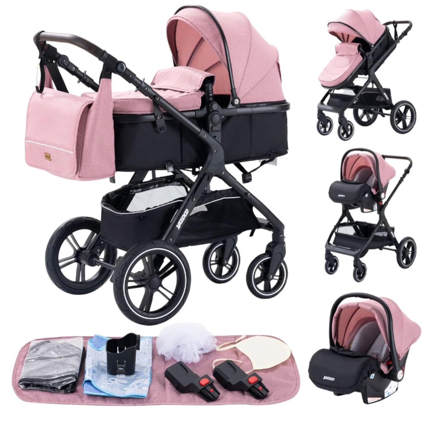 YAZOCO kinderwagen 3 in 1, Zusammenklappbar kinderwagen mit Wickeltasche,Komplettset Becherhalter,Moskitonetz, Fußabdeckung,Sitzzubehör (4 Rosa)