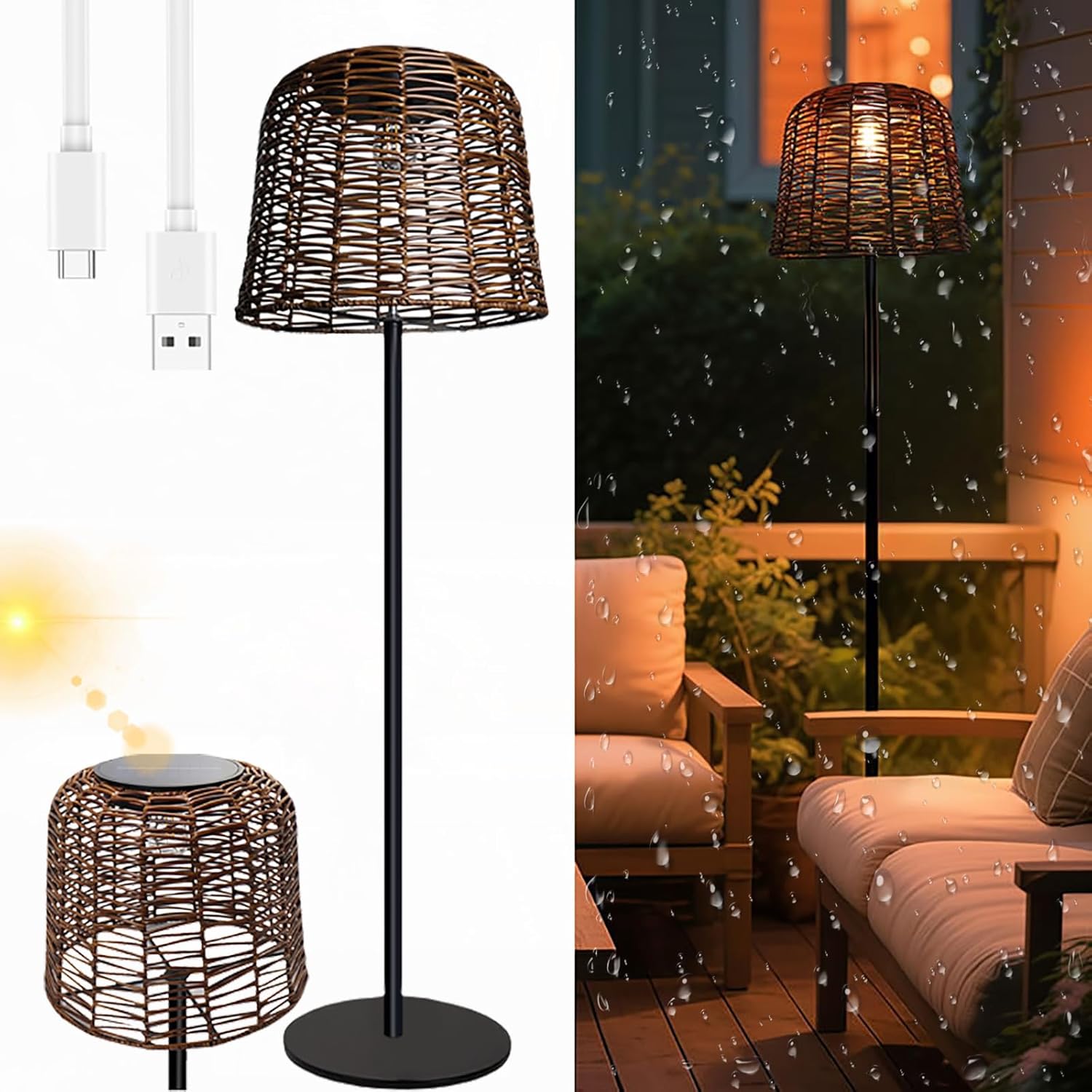 So Outdoor Stehlampe Rattan Design mit Metallsockel Schnurlos So & USB C Aufladen Wasserdicht LED Stimmungsbeleuchtung für Terrasse Garten Landschaft & Hinterhof Dekor