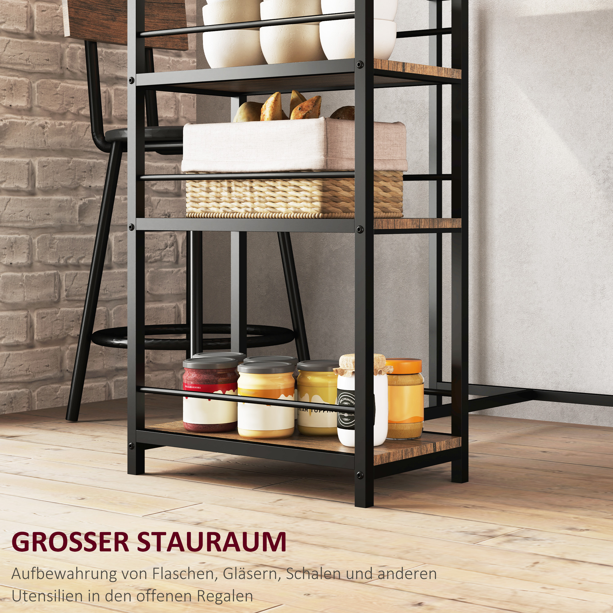 3-delige Eetset met Bartafel en 2 Stoelen, Klein Keukenset met Zijplanken, MDF, Metaal, Zwart