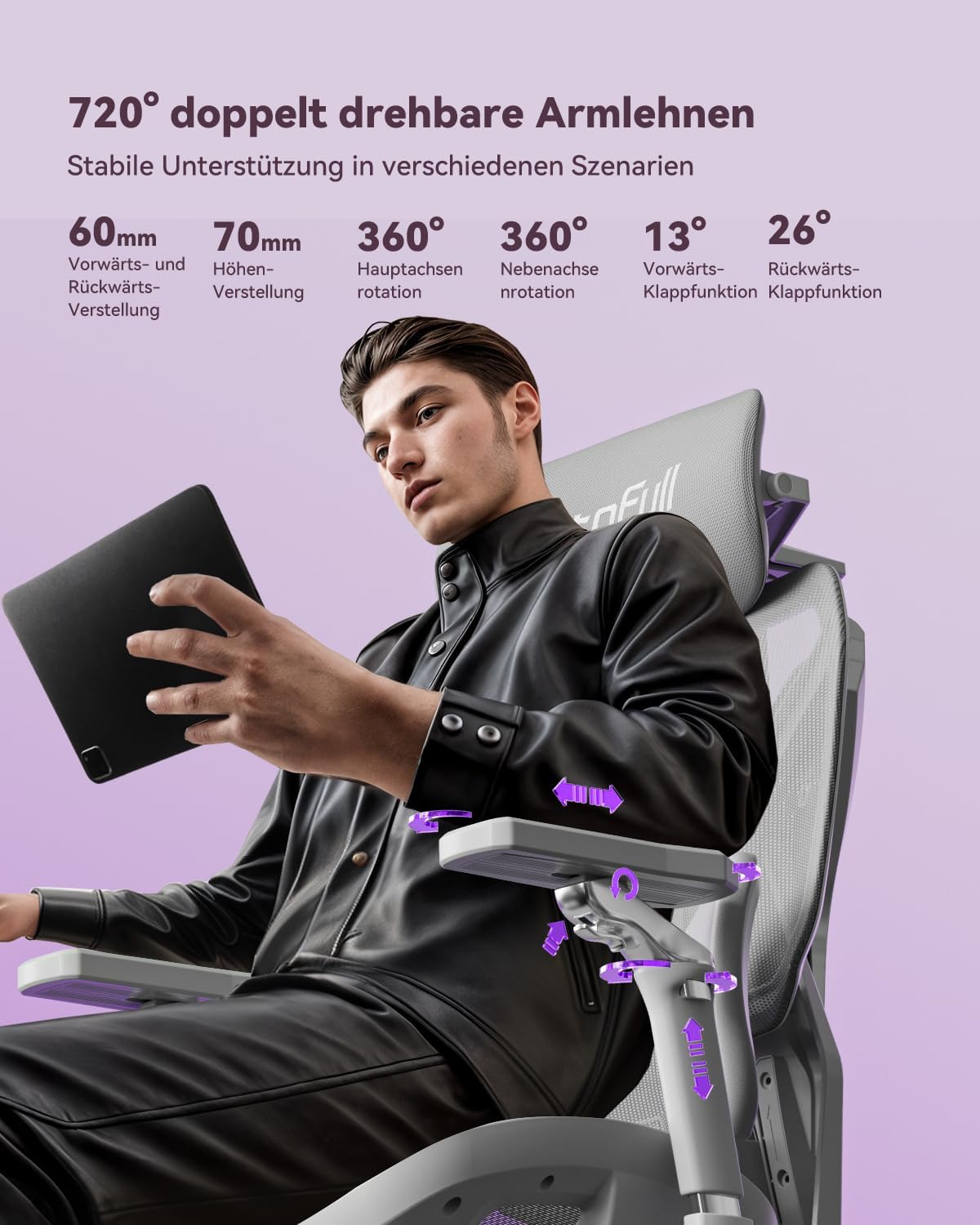 AutoFull G7 Ergonomischer Gaming Stuhl, Gaming-Stühle mit Dynamischer Lendenstütze, 720° Doppelachsen-Dreharmlehnen, 140° Rückenlehnen-Neigung & 4D-Nackenkissen (Weiß)