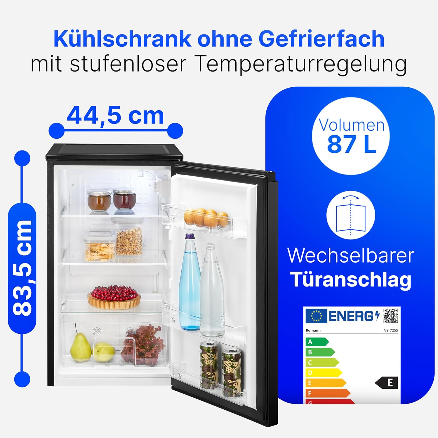 Bomann® Kühlschrank ohne Gefrierfach | 87L | energieeffizient, leise & kompakt | 0°C-8°C, stufenlos regelbar | 3 Ablagen & Gemüsefach | Türanschlag wechselbar | Standardkühlschrank | VS 7255 schwarz