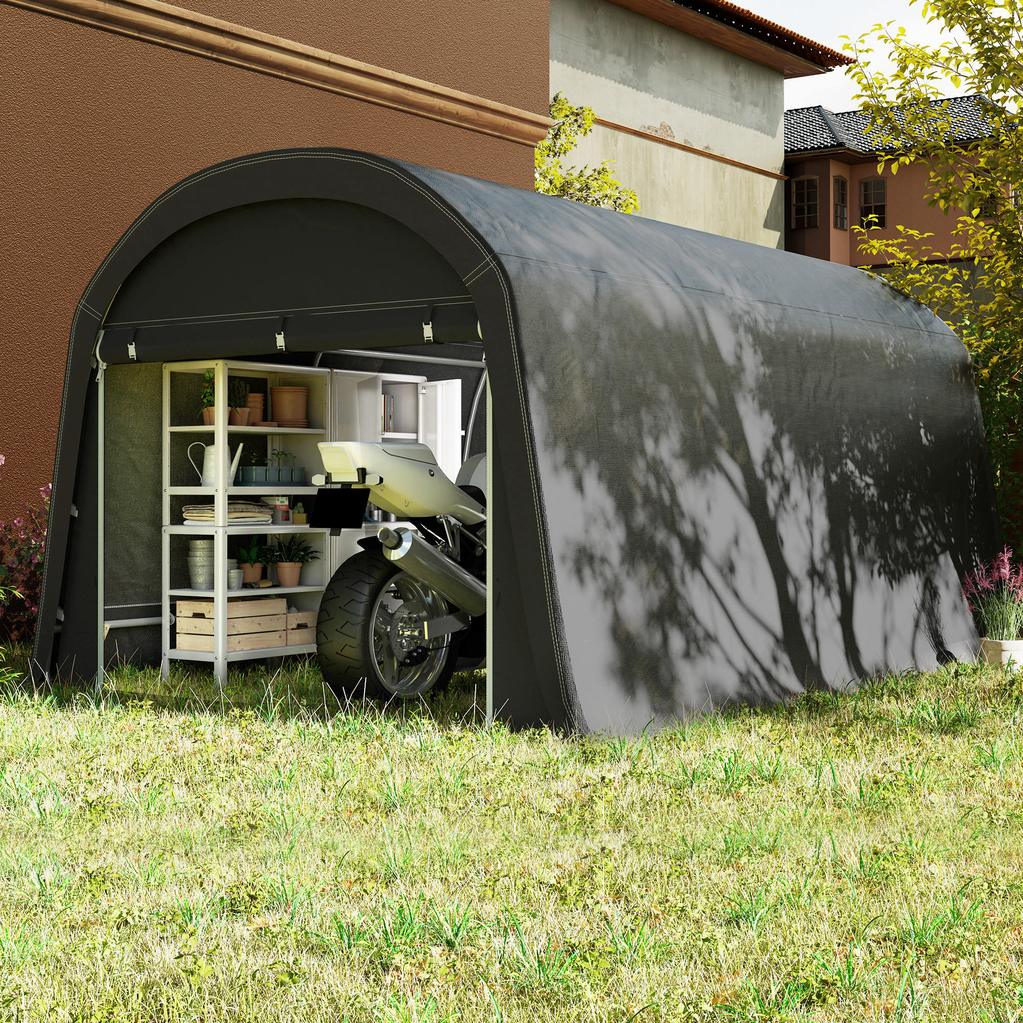 /Tuinschuur met Plastic Zeil, Gereedschapstent, Opzetbare Garage, 300B x 450D x 230H cm, Donkergrijs