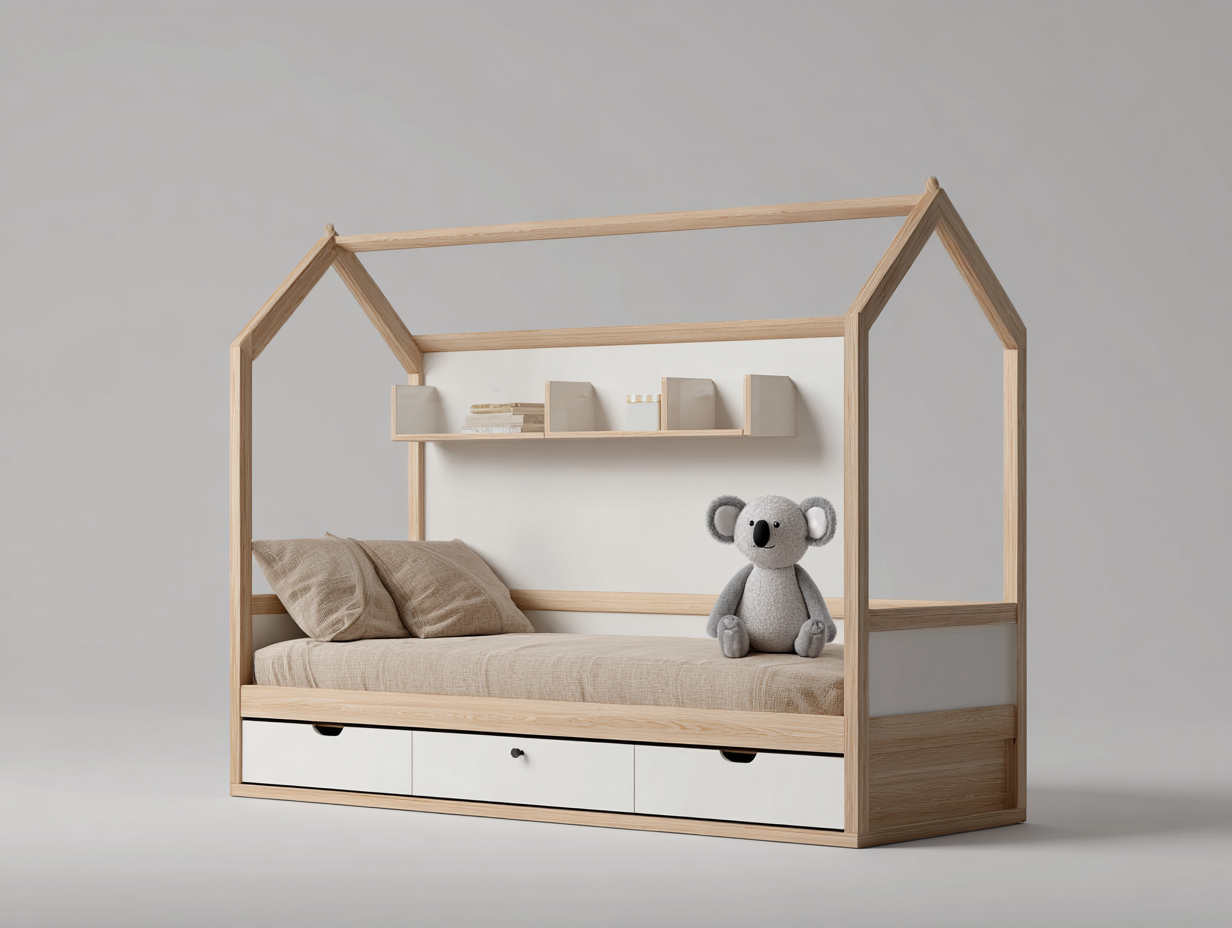 Hausbett-Holzrahmen-170x90x150cm-Natur-Weiß-Regal-Schubladen-ModernesDesign
