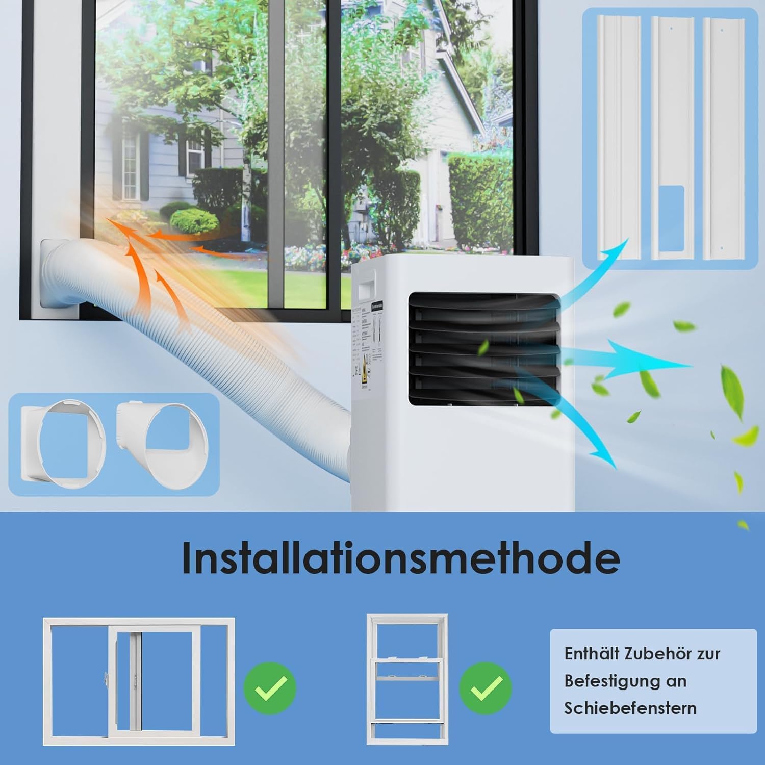 LIFERUN Mobiles Klimagerät, 4in1, Kühlen, Entfeuchten, Ventilieren, Staubfilter, 9000BTU/h 2,6kW, Mobile Klimaanlage mit Abluftschlauch, Fernbedienung, 24H-Timer, Schlafmodus, für Räume bis 31 m²