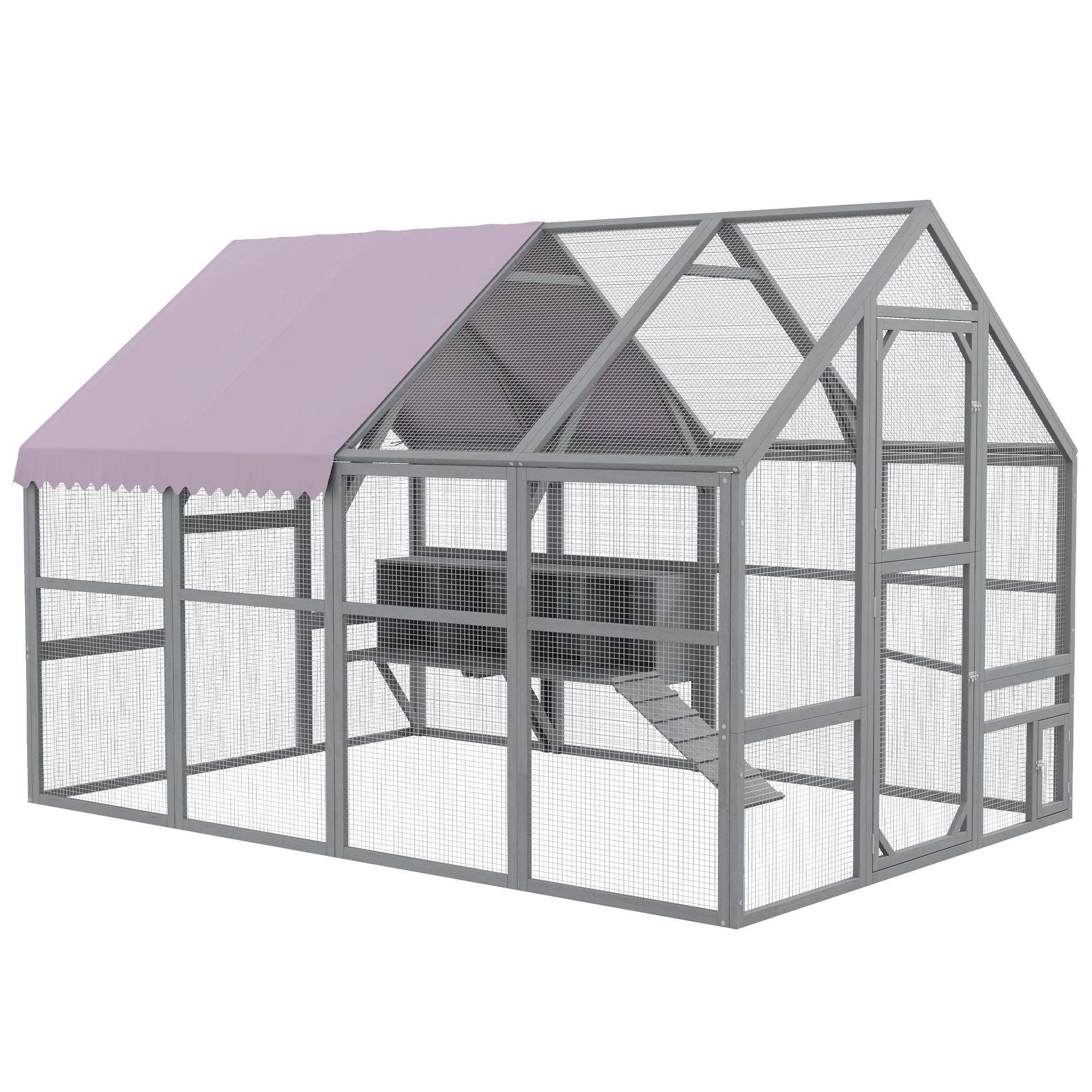 PawHut Kippenren Kippenhok Kippenhuis, toegankelijk, weerbestendig, 280 x 185,5 x 188 cm, Grijs