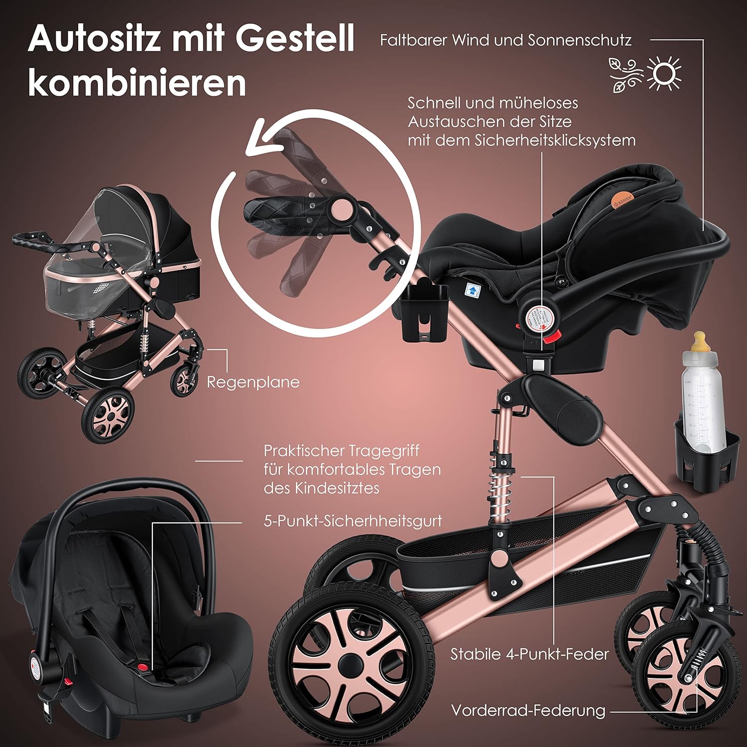 KESSER® Loops 3 in 1 Kinderwagen Kombikinderwagen Komplett-Set inkl. Babywanne & Buggy Sportsitz & Auto-Babyschale Voll-Gummireifen Wickeltasche Regenschutz Kindertisch ECE R129, Schwarz/Champagne