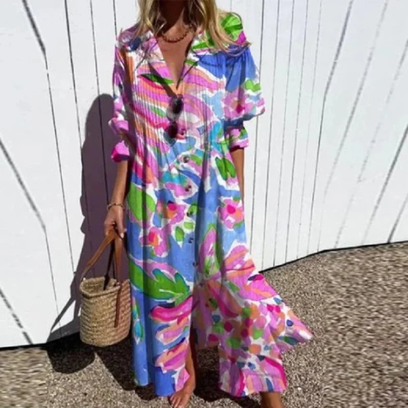 Damen Maxikleid mit Blumenmuster und V-Ausschnitt