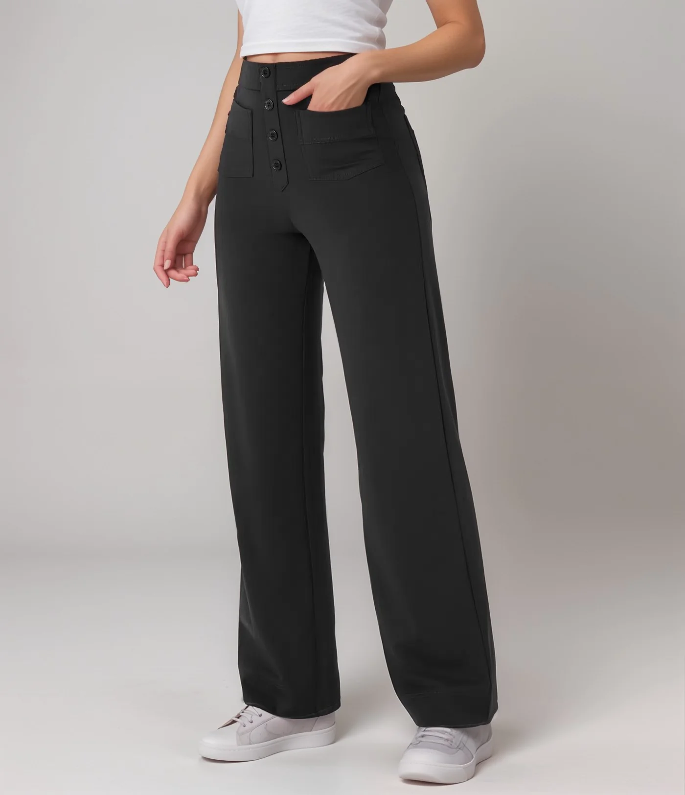 Damen High Waist Hose | Elastische Sculpting Hose mit weitem Bein | Bequeme Stretchhose mit Taschen und Form-Effekt