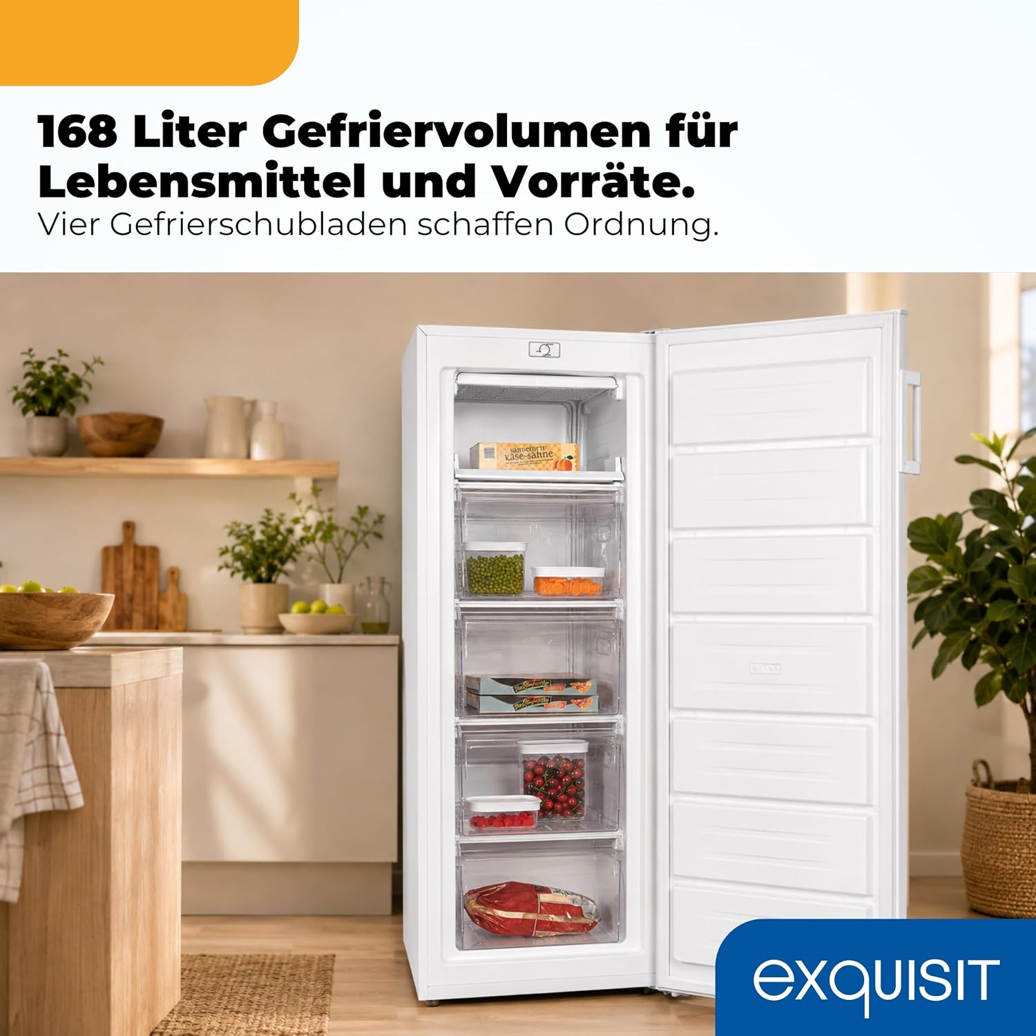 Exquisit Gefrierschrank | 168 l Nutzinhalt, 4 Sterne Gefrierfach, 40 dB, Energieklasse D | manuelle Temperaturregelung, 4 Gefrierschubladen, Gefriertablett | GS5230-H-040D weiss