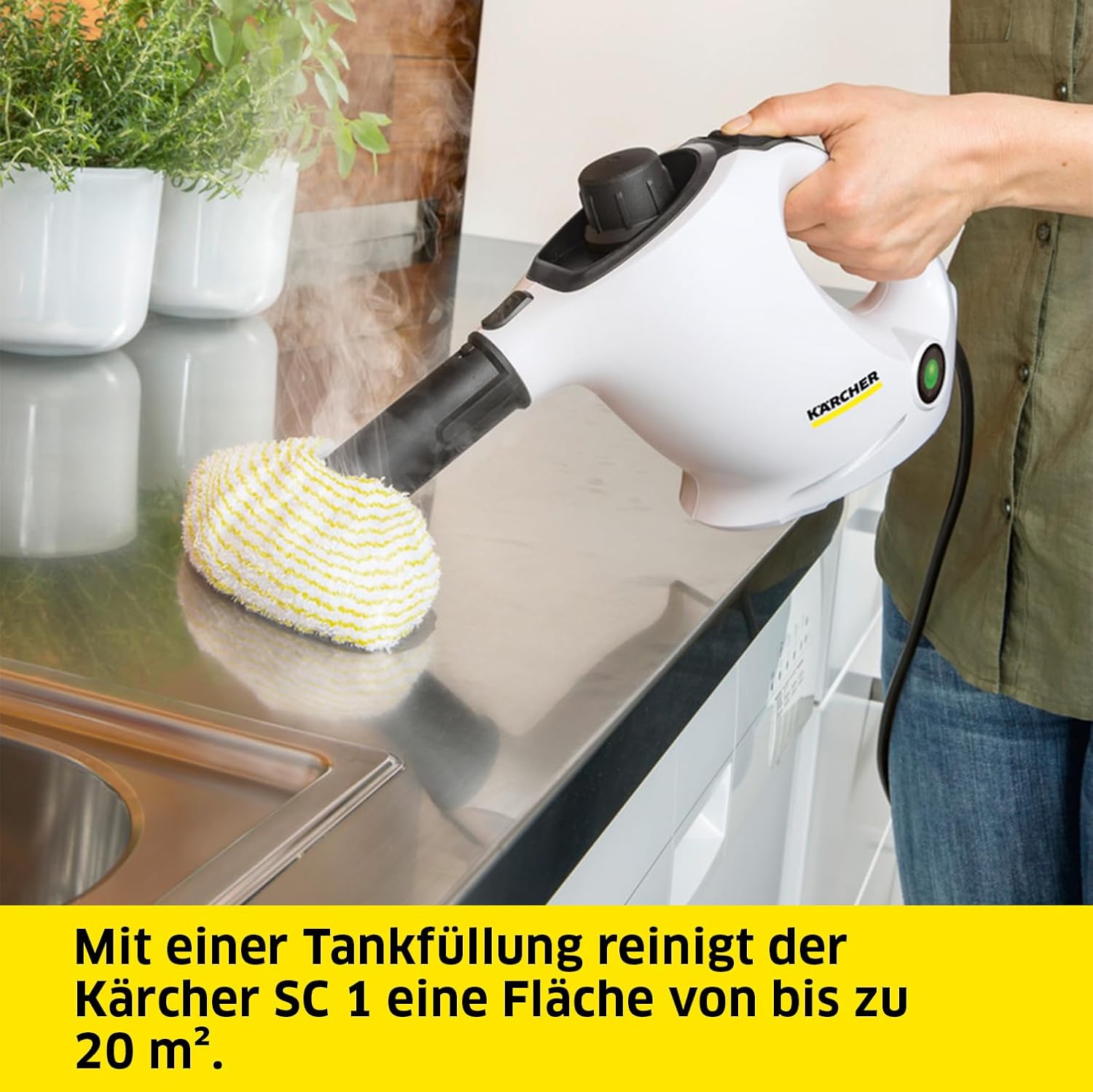 Krcher Dampfreiniger SC 1, Dampfdruck: 3 bar, Aufheizzeit: 3 min., Leistung: 1.200 W, Flchenleistung: 20 m, Tank: 200 ml, mit Hand-, Punktstrahl- und Powerdüse, Mikrofaser-berzug und Rundbürste