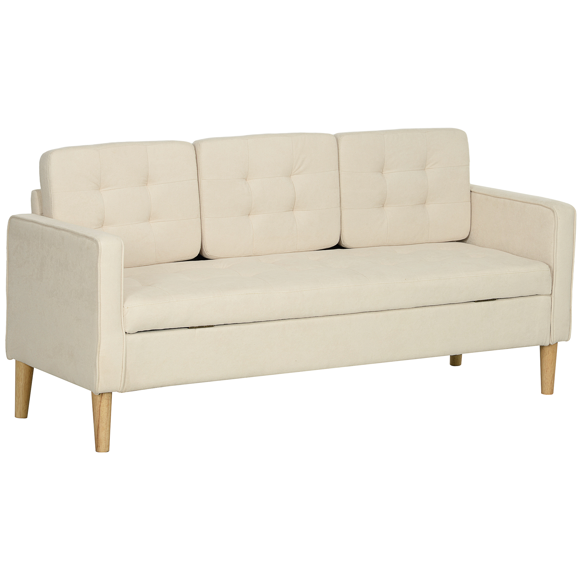 3-Zits Sofa met Opbergruimte, Knoopstiksel, Gepolsterde Bank, 166,5 x 62 x 82 cm, Cr��mewit
