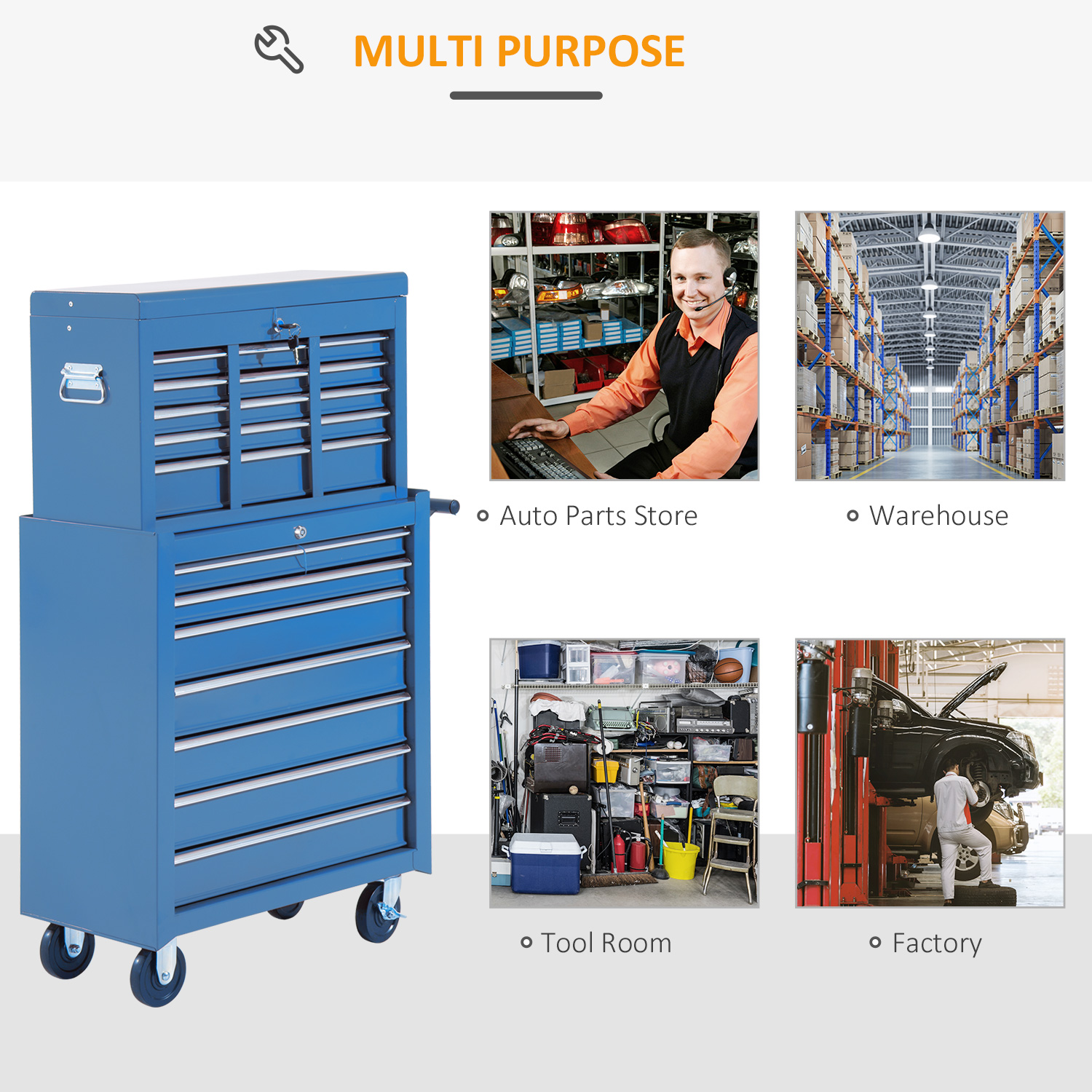 ? mobiele werkplaatswagen gereedschapswagen met wielen & slot gereedschapswagen wagen met wielen gereedschapskist, afsluitbaar met 16 schuifladen, blauw