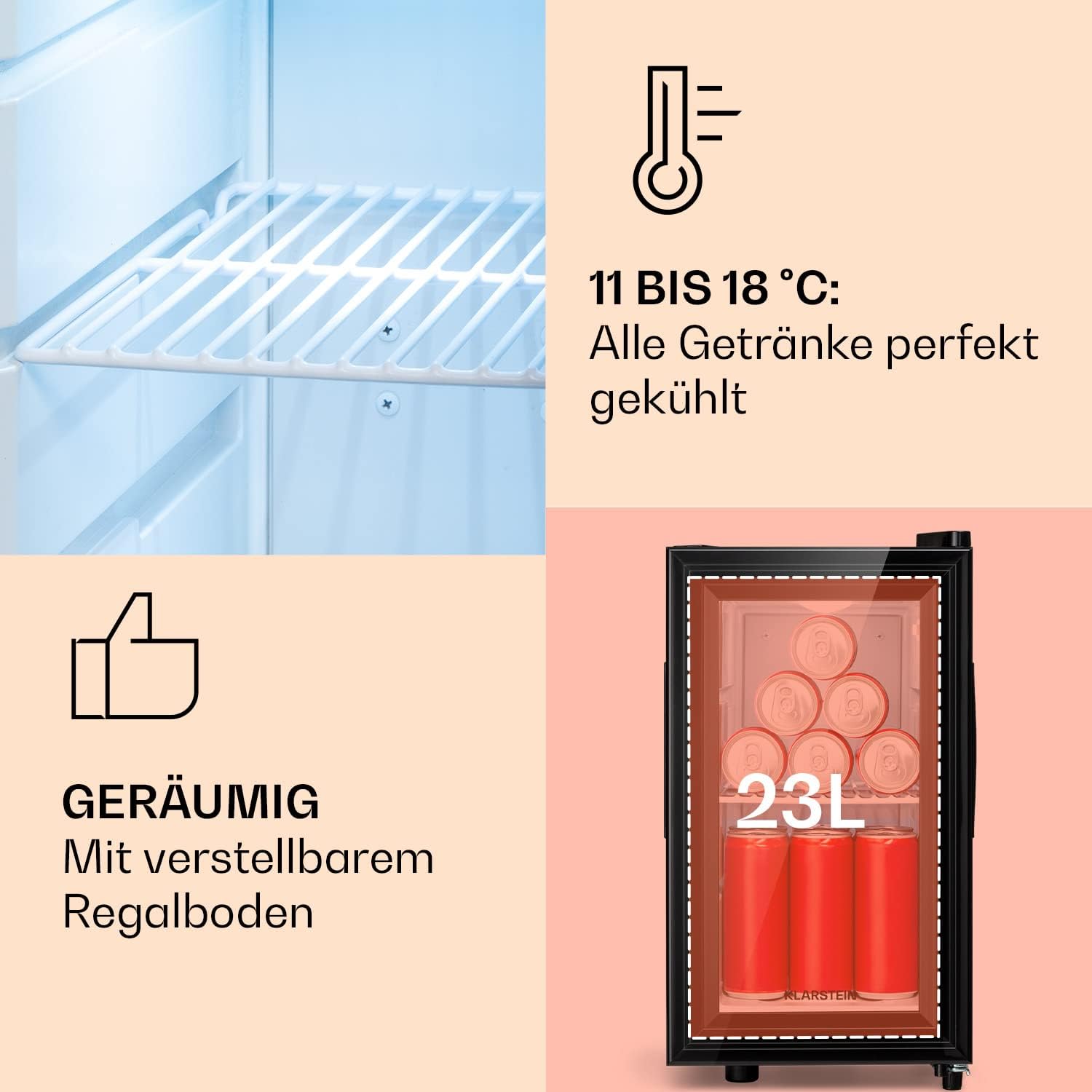 Klarstein Mini Kühlschrank für Zimmer, 23 Liter - Getränke, Snacks & Kosmetik, Minibar, & Leise, Verstellbare Ablagen, Kleiner Skincare Kühlschrank